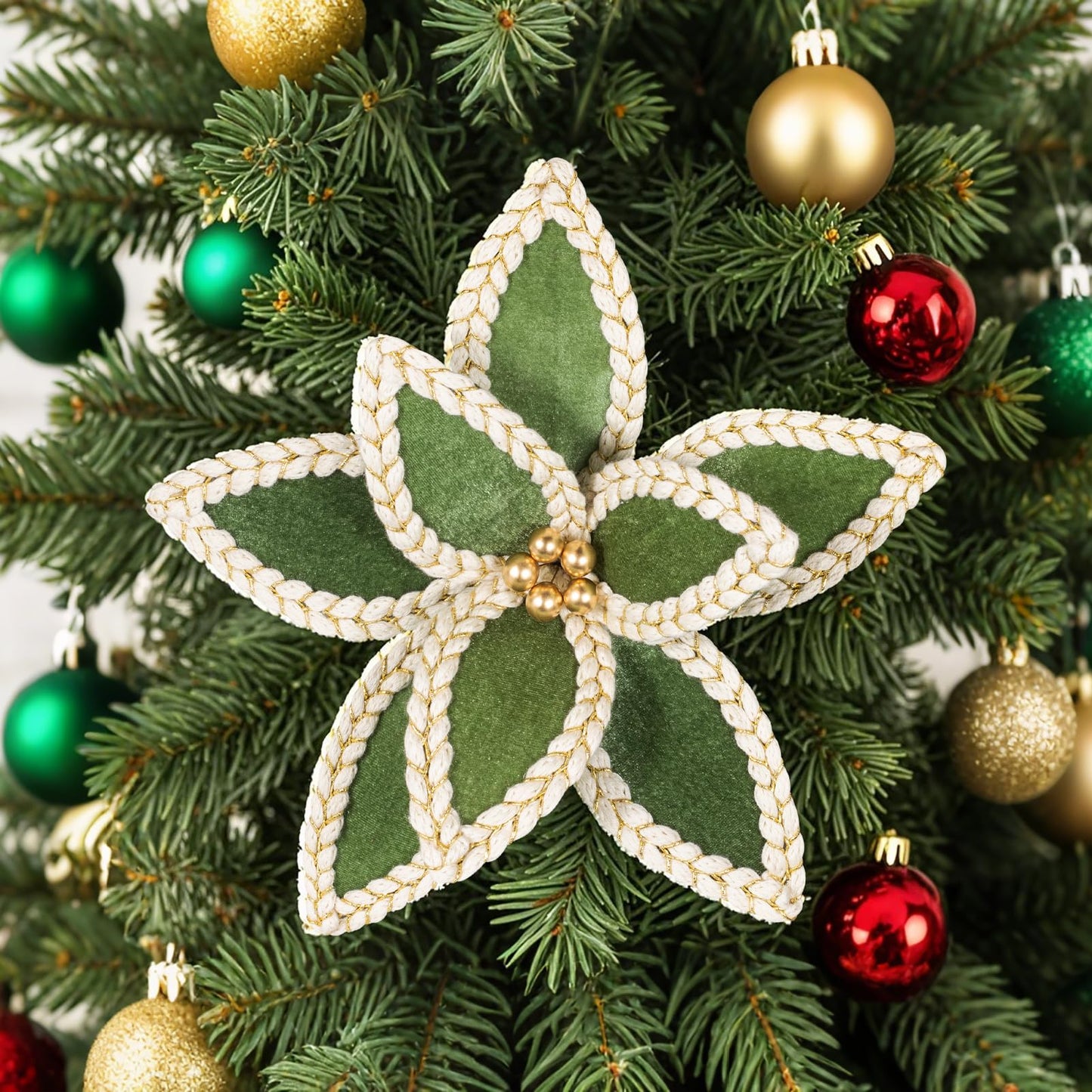 KI Store Velvet Poinsettia Flower Picks 6pcs Light Green Christmas Floral Picks 12-Inch for Christmas Tree Wreath Garland Decorations