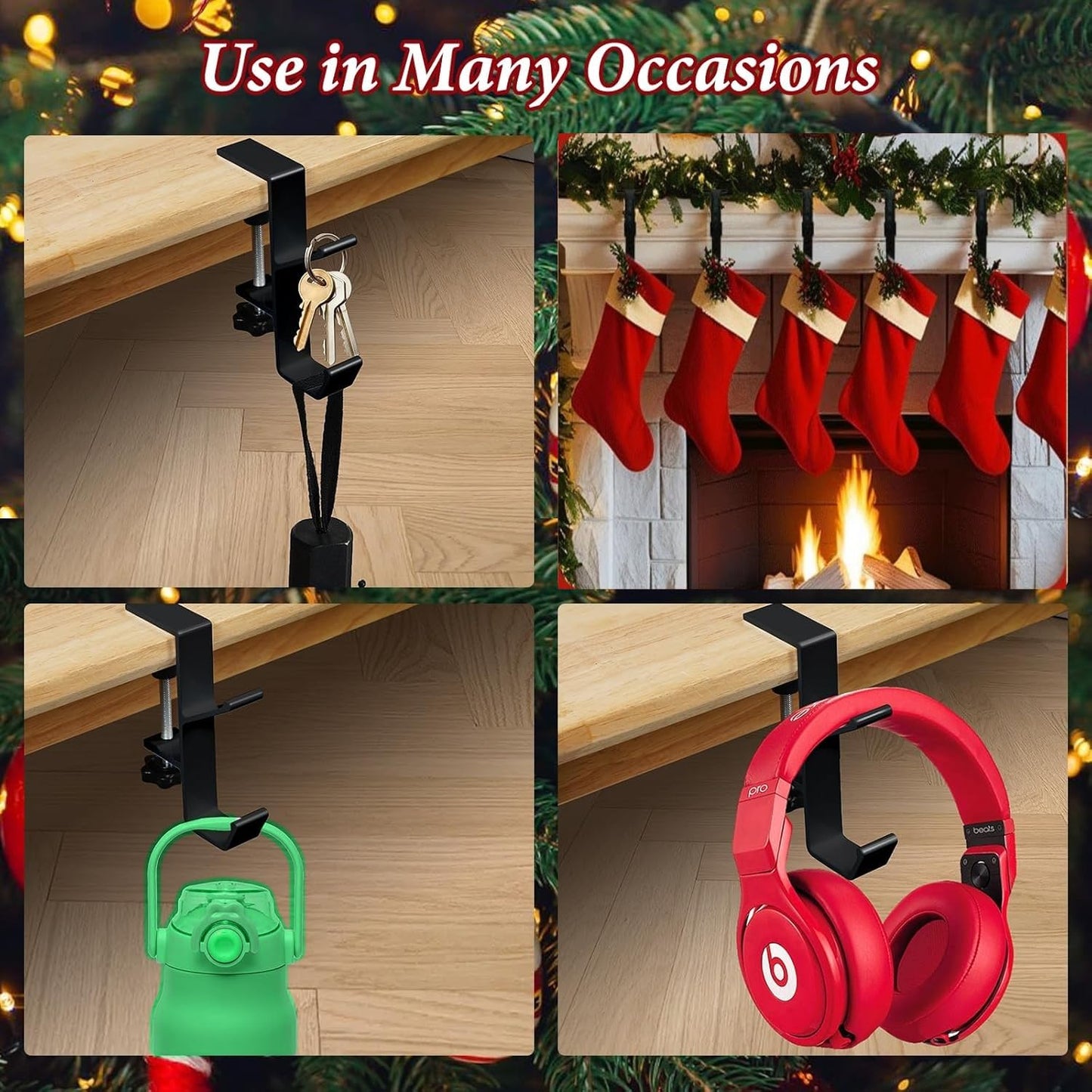 2 in 1 Garland Hangers and Fireplace Stocking Holders，Mantel Hanger for Garland Hooks for Christmas Adjustable No Drill Mantle Hooks Stocking Hanger for Fireplace Xmas Holiday Home Party Decoration