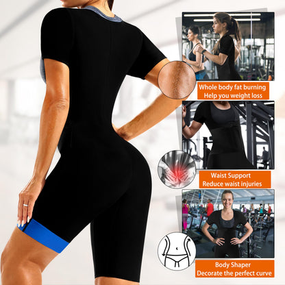LMCOB Sauna Suit for Women Sweat Suit Waist Trainer for Weight Loss 4 IN 1 Slimming Full Body Shaper Sauna Jumpsuit Workout Vest with Shorts(BH70013-01-M)