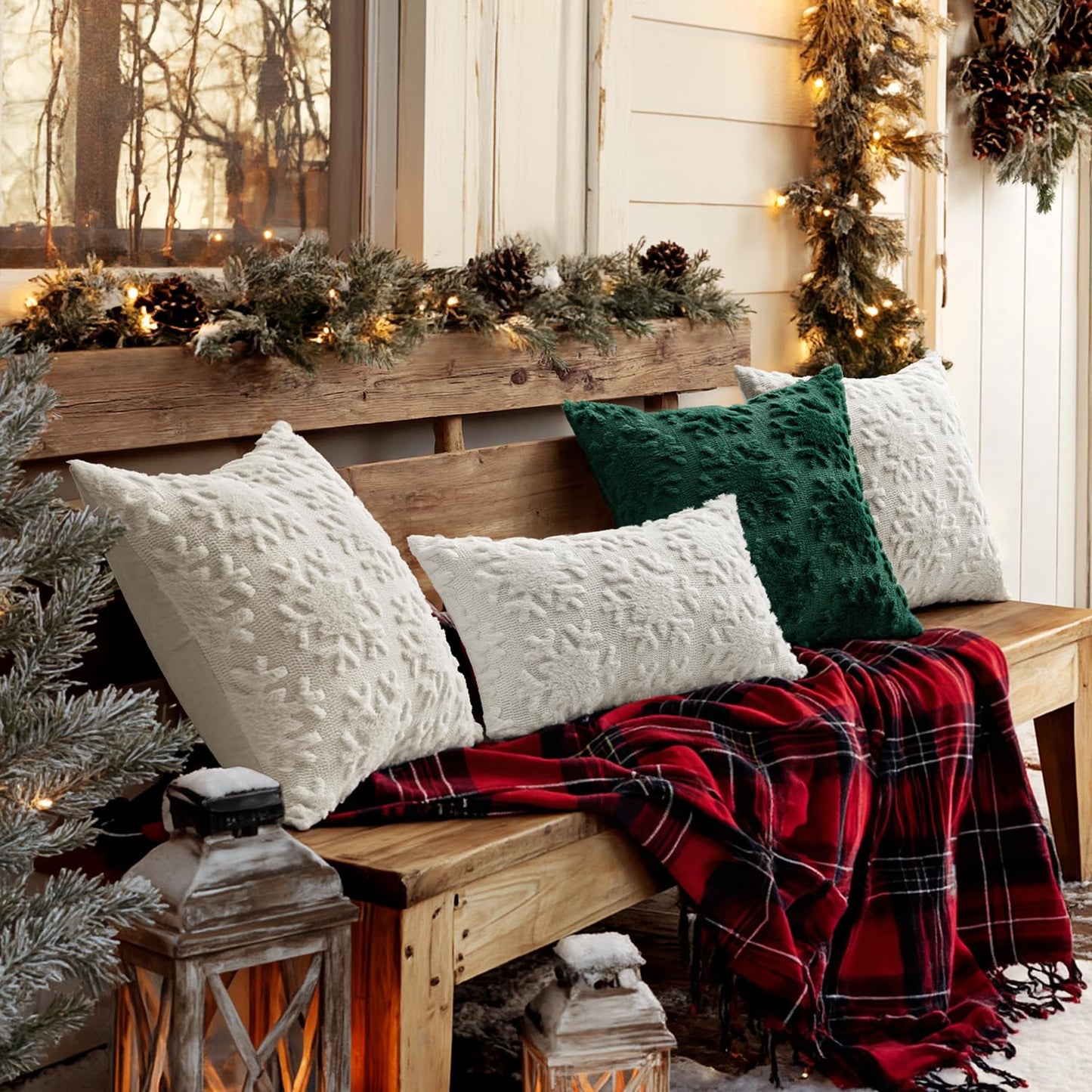 MIULEE Christmas Snowflake Decorative Throw Pillow Covers Set of 2,Soft Fluffy Faux Wool Winter Holiday Couch Pillows for Farmhouse Boho Home Decor Sofa Bed Porch Living Room 18x18 Inch Pure White