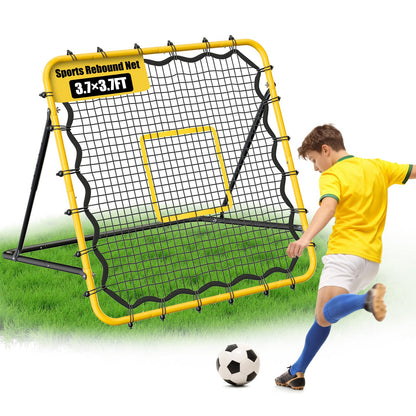 JIRTEMOT 3.7 x 3.7 FT Rebound Net, with Pitching Target for Soccer, Baseball and Volleyball, Adjustable Pitching Rebound Net, Yellow