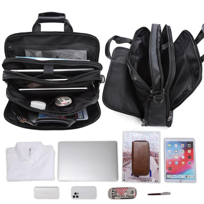 Masa Kawa Black Leather Briefcase for Men, Waterproof 16 Inch Laptop Computer Case, Crossbody Shoulder Messenger Bag for Business Travel, Office Work