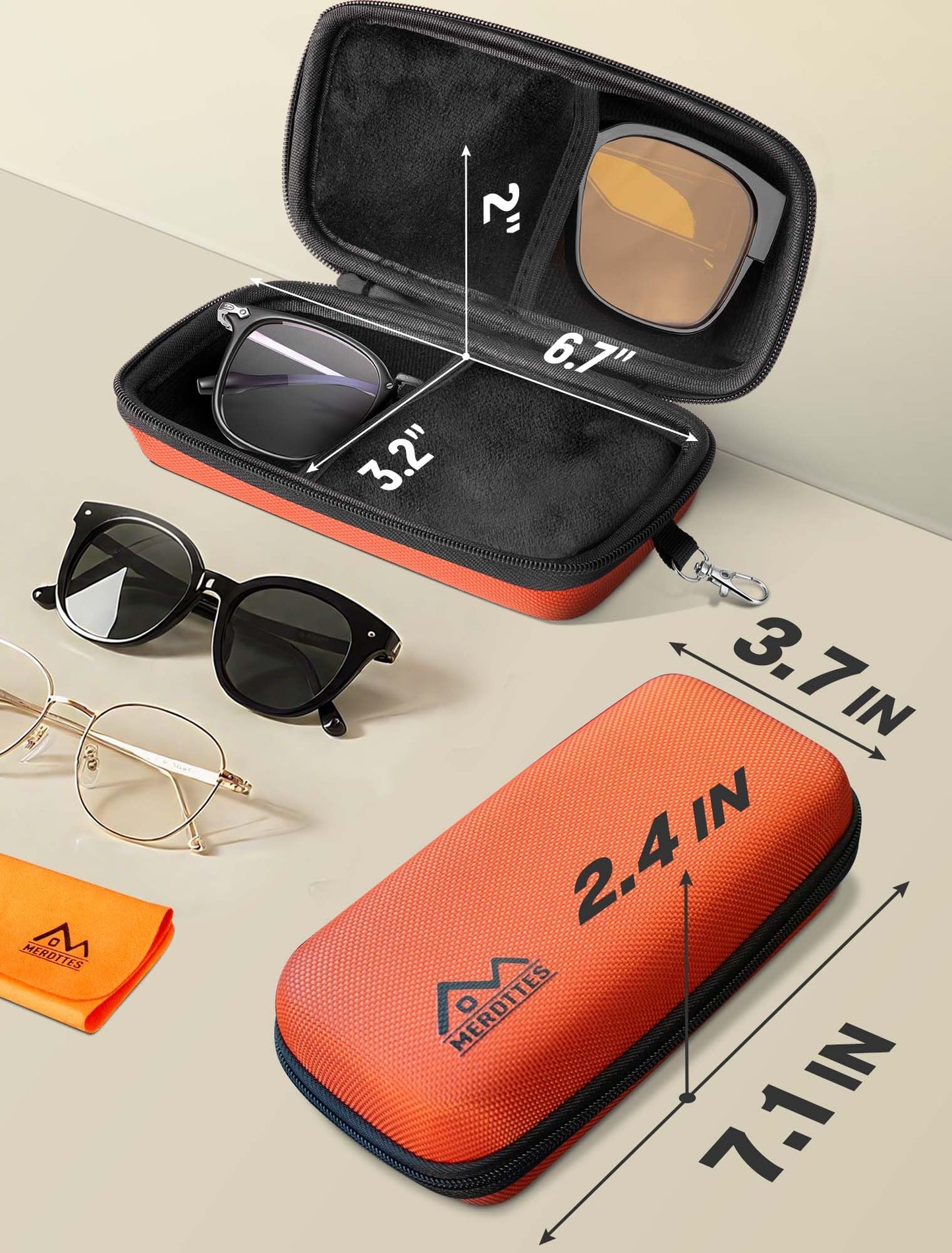MERDTTES Large Double Eyeglasses Case, Shockproof Hard EVA Shell Dual Sunglasses Organizer with Zipper & Metal Hanging Hook, Travel Glasses Storage Case for Men and Women - Orange