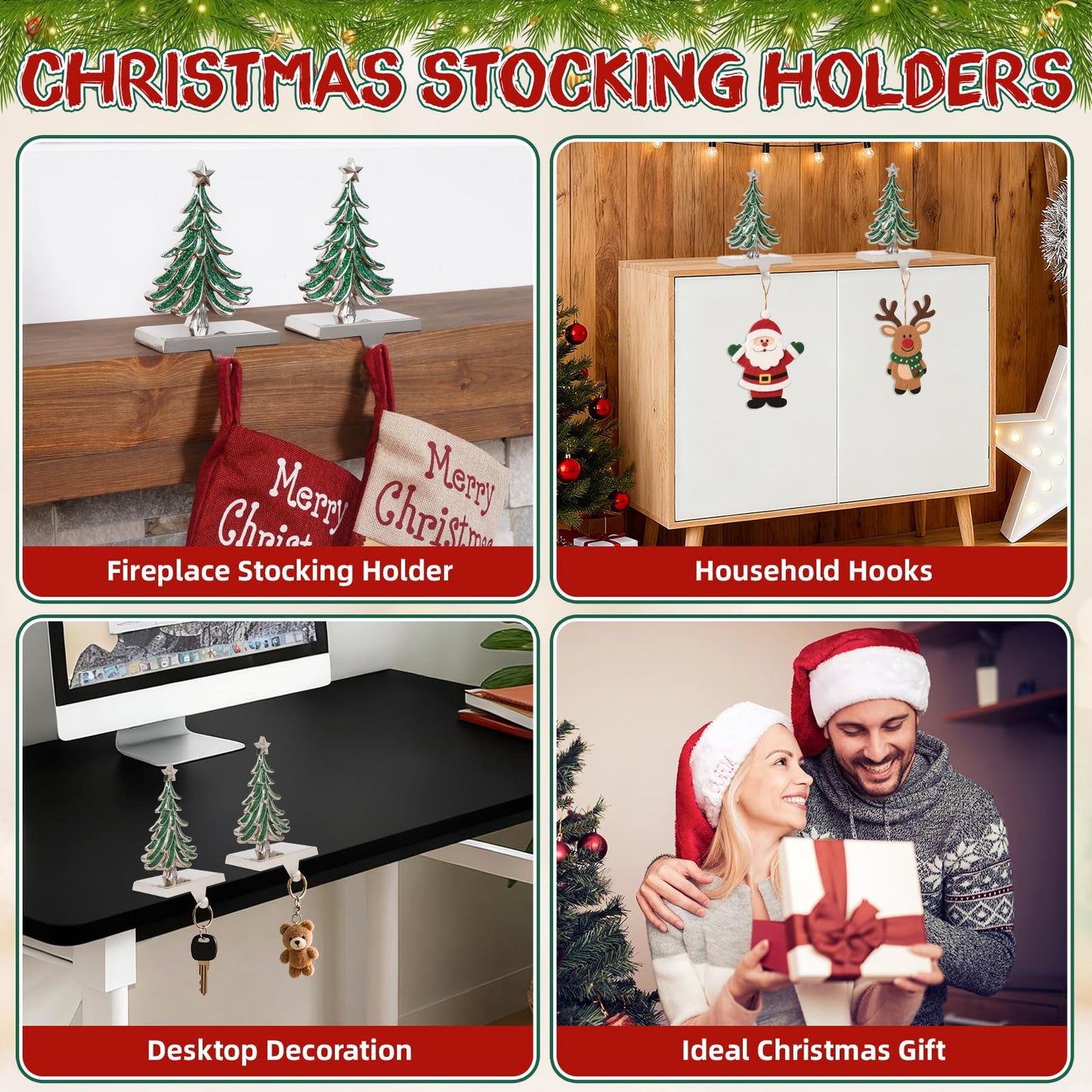 G GOOD GAIN Christmas Stocking Holders for Mantle - Set of 2 Christmas Tree Weighted Stocking Hangers with Non-Slip Base Silver Sturdy Metal Hooks for Fireplace Shelf Counter Holiday Decorations