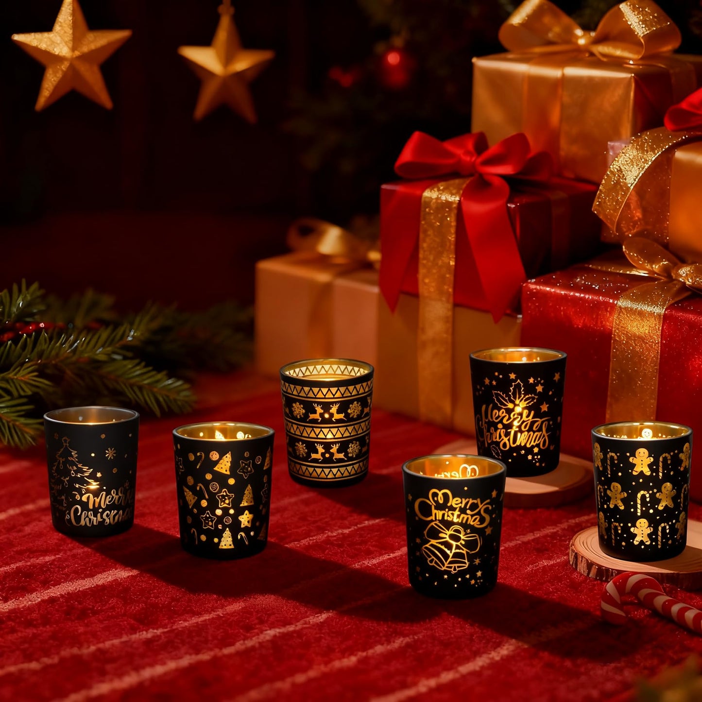 Christmas Votive Candle Holders, Set of 6 Black Gold Tealight Candle Holder for Christmas Table Centerpieces, Small Glass Tea Light Holders with Snowflake Reindeer Gingerbread Man for New Year Holiday