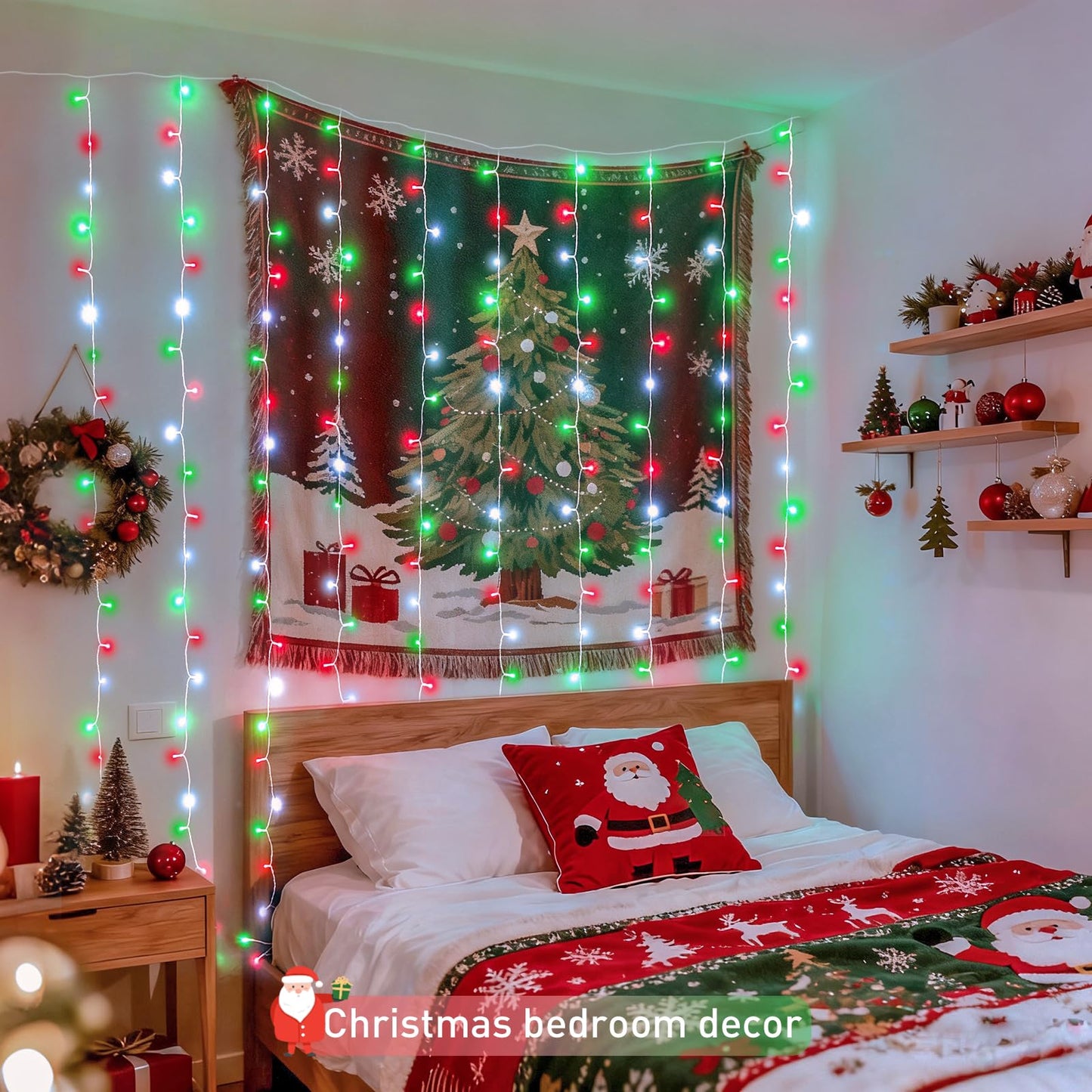 JMEXSUSS 300LED Red White and Green Christmas Curtain Lights with Remote, Indoor Christmas String Lights Plug in, Hanging Twinkle Lights for Bedroom Window Wall Yard Outdoor Xmas Decor, 9.8x9.8ft