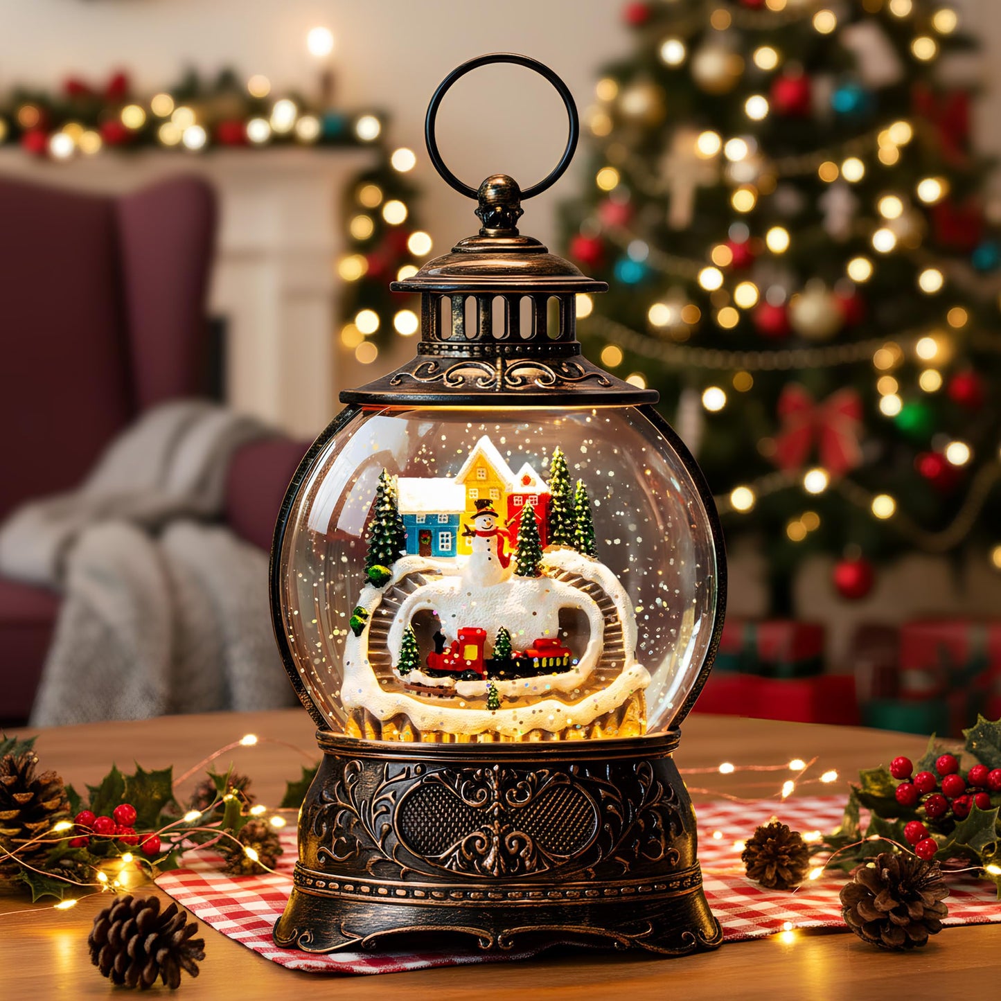 Christmas Village Snow Globe Lantern – LED Musical Swirling Glitter Water Globe, Snowy Village with Train, Battery or USB Powered, Auto Timer – Tabletop Decor & Gift