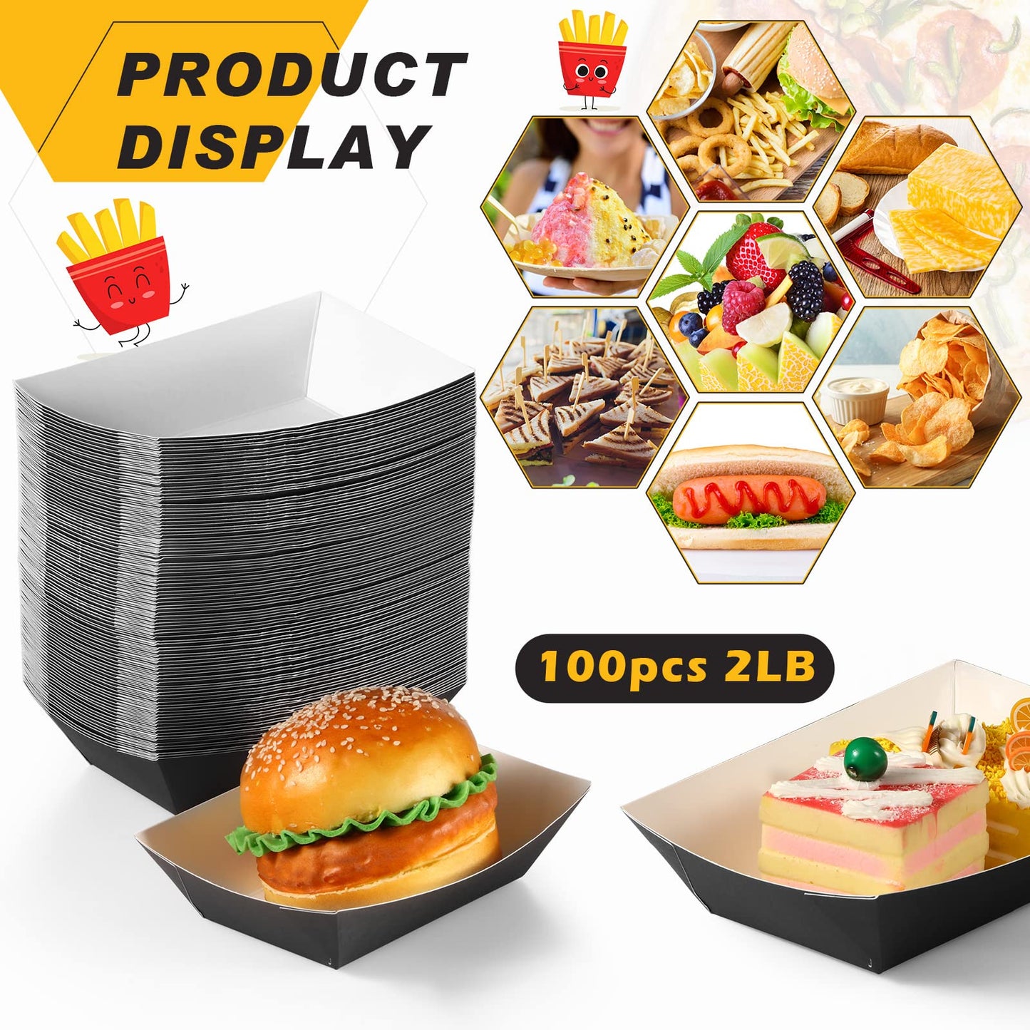 Yinkin 100 Pcs 2lb Paper Food Trays Boat 2lb Disposable Nacho Trays Kraft Paper Boat for Tacos Concession Easter Graduation Birthday Wedding Christmas Halloween Valentine Party Supplies(Black)