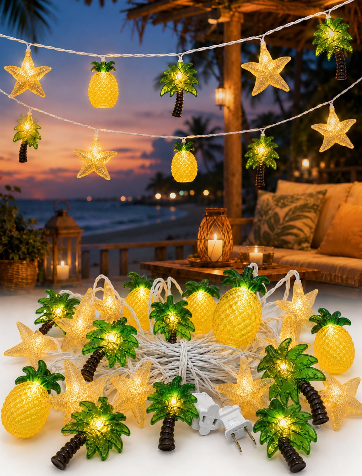 19Ft Hawaiian Beach String Lights Outdoor with 35 LED Starfish, Pineapple & Palm Tree Lights, Plug-in Tropical Party Decoration for Patio, Backyard, Garden, Window, Tiki Bar, Pool Party Decor