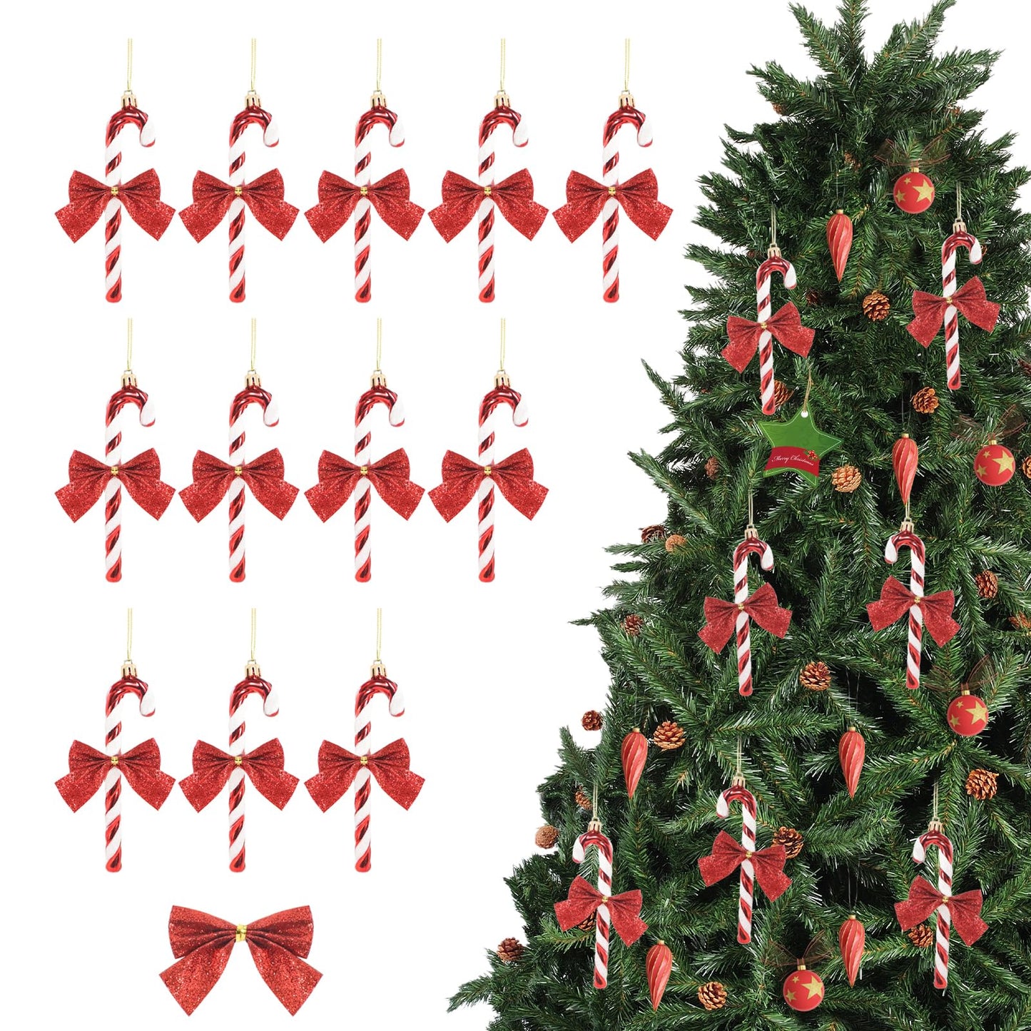 12 pcs Candy Cane Christmas Decorations with Bow - Glitter Candy Cane Xmas Decor - Christmas Hanging Ornaments with Rope for New Year Home Indoor Outdoor Party Holiday (Red)