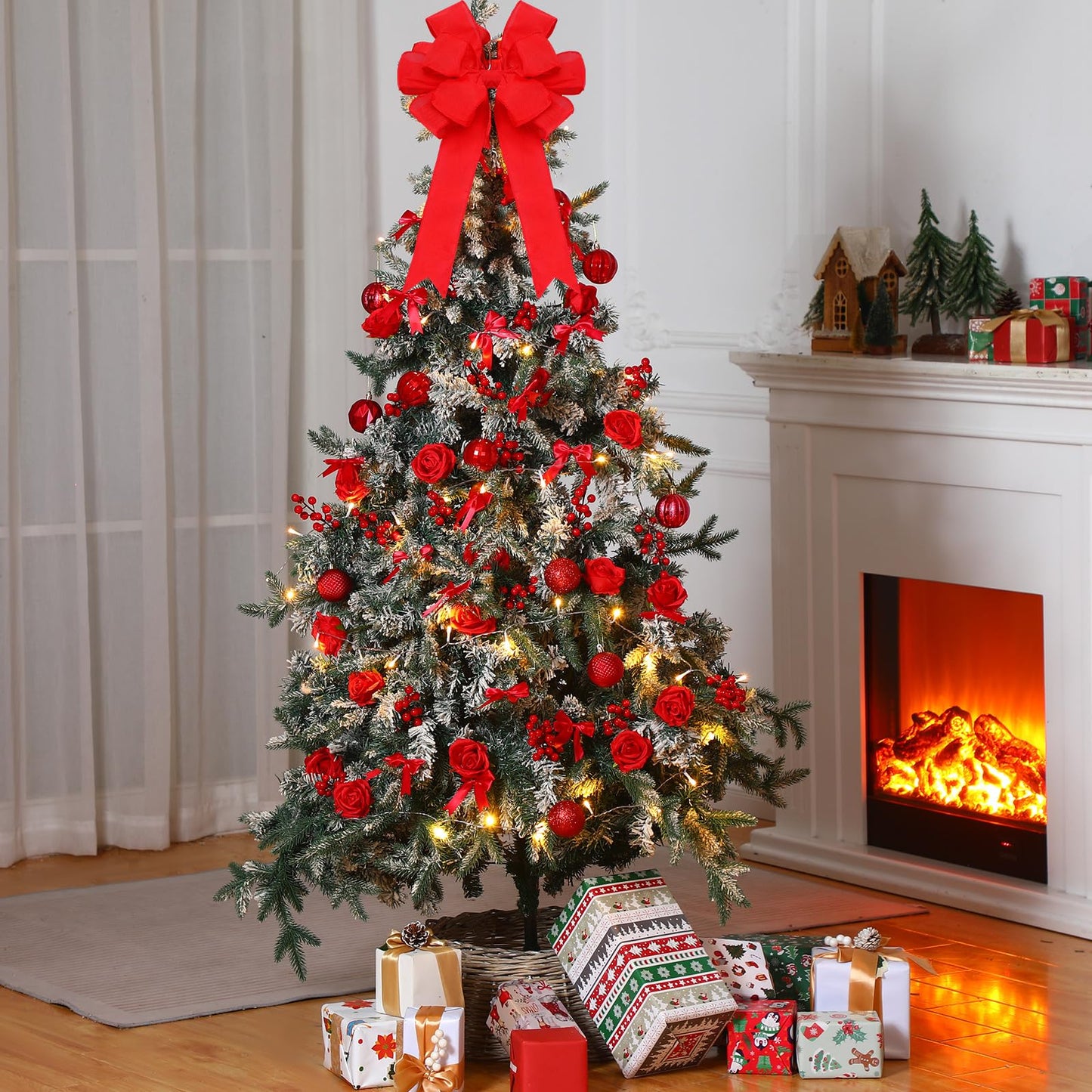 Duraaamo 134 Pcs Rose Christmas Tree Decoration Set Include Faux Red Rose Ornaments Artificial Berries Christmas Balls Ribbon Bows 16.4 ft 50 LED String Lights for Xmas Holiday DIY Crafts (Big)