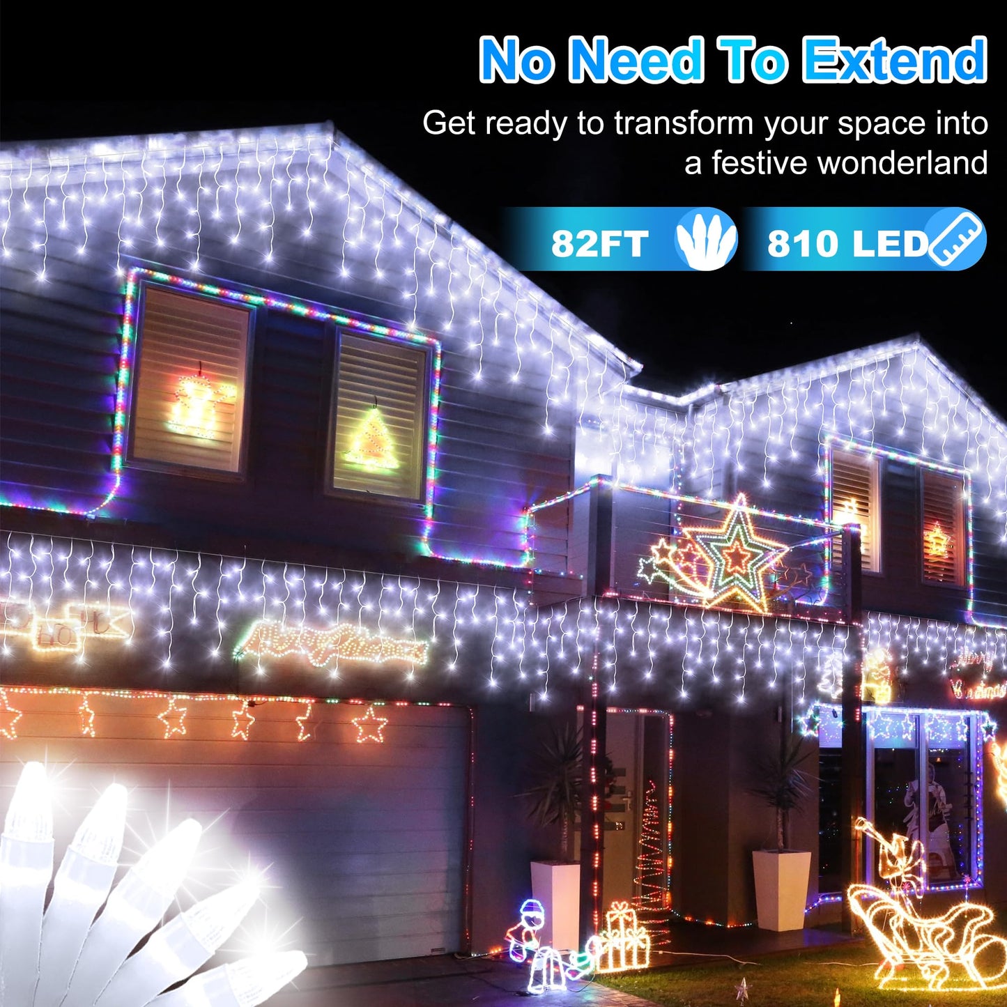 810LED 82ft Christmas Lights, 180Drops 12 Modes Cool White Christmas String Lights Outdoor Dimmable, Waterproof Christmas Decoration Fairy Lights with Timer for Indoor Eaves Party Patio Window Fence