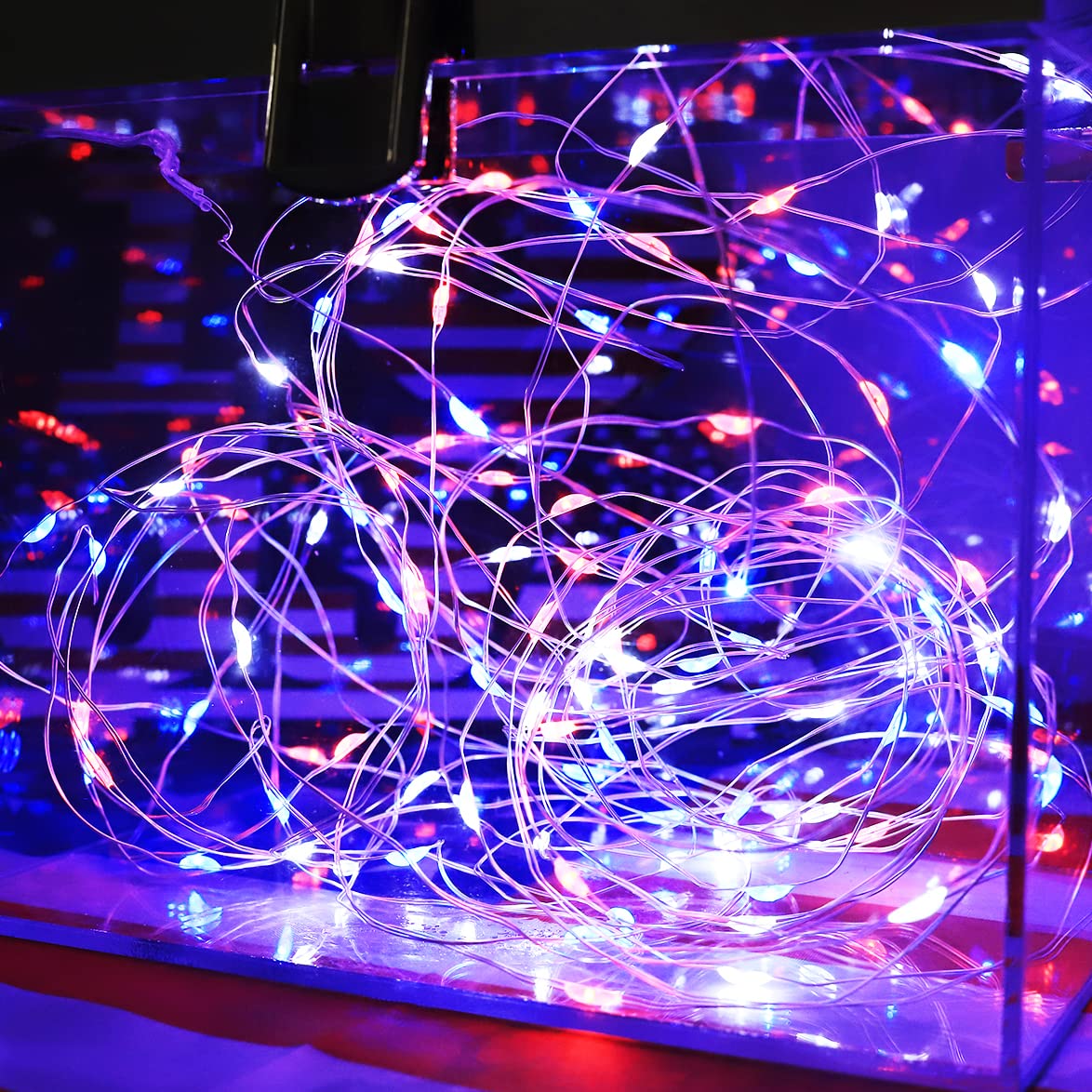 Curyidy 4th of July String Lights Independence Day Decorations, 4 Pack 100LED Copper Patriotic Lights Waterproof Fairy Lights for Fourth of July, Patriotic, Memorial Day Decor- Red White Blue