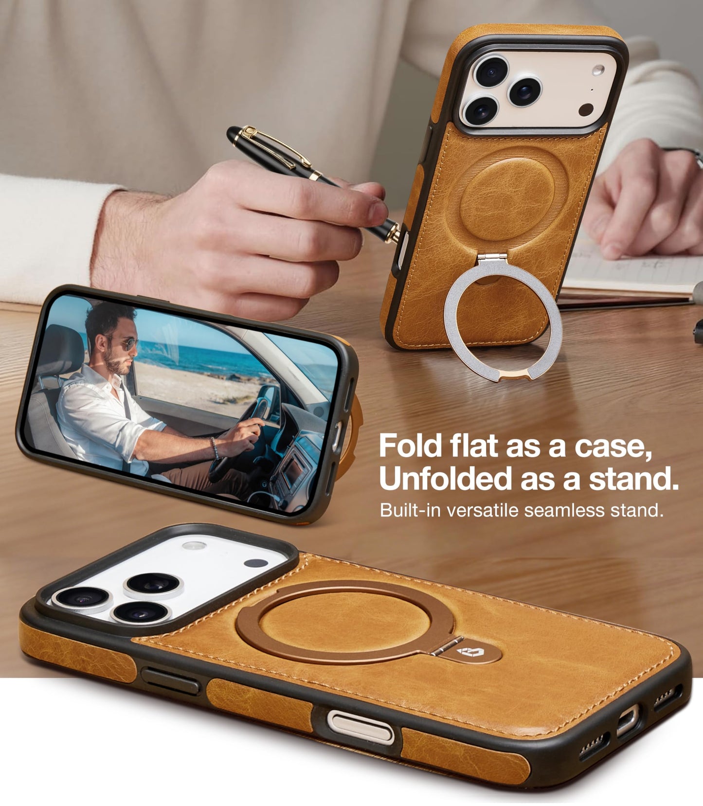 Bullroye for iPhone 17 Pro Max Case Leather Top-Grain Handcrafted with Stand, Fits for MagSafe (English Tan, iPhone 17 Pro Max)