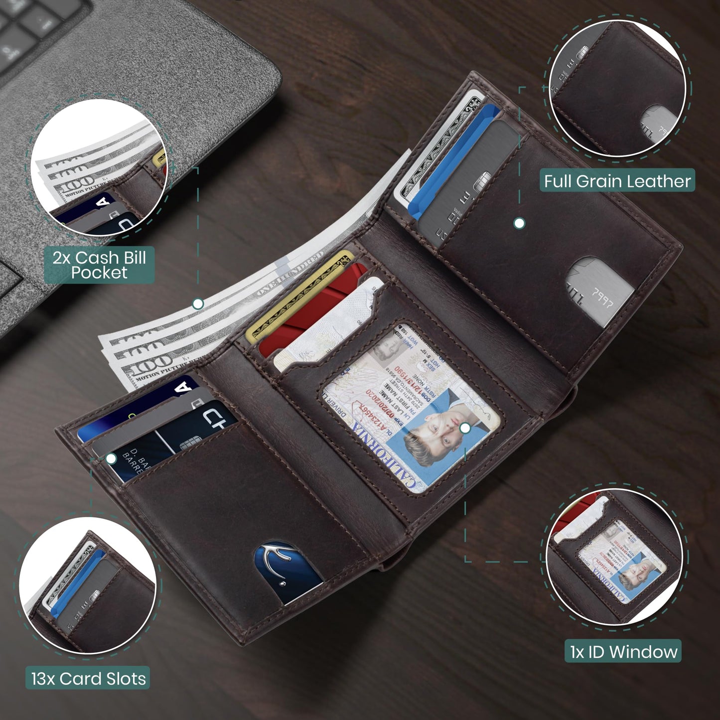 SERMAN BRANDS Trifold Wallet for Men - RFID Blocking Full Grain Leather, 11 Card Slots & ID Window, Slim Everyday Carry, Durable Stitching, Gift for Him