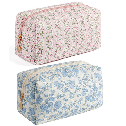 HHQQWZ Makeup Travel Cosmetic Bag, Two Pack: Pink+Blue Floral, Zipper Closure, Durable Polyester, Perfect for Toiletry, Makeup, Travel