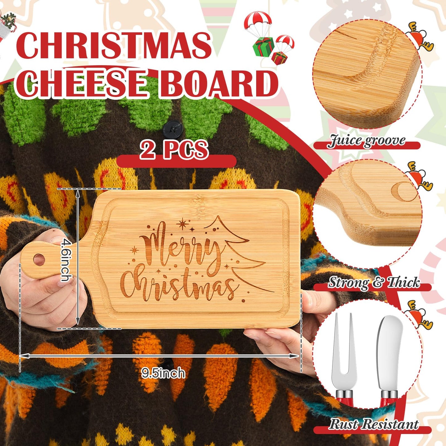Ziliny 2 Set Christmas Cheese Board and Knife Set, Wooden Small Charcuterie Board Mini Holiday Serving Tray with Knives for Xmas Gift Party Home Decoration (Square)