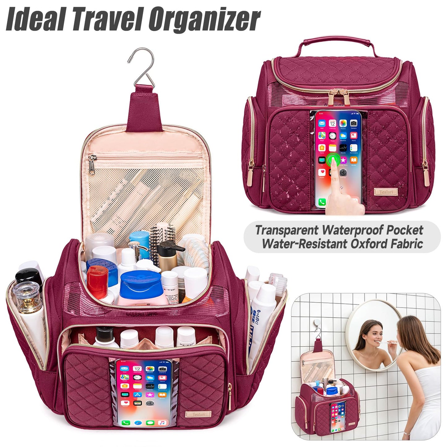 Tealari Large Toiletry Bag for Women Men,Bathroom Bag,Water Resistant Shower Bag,Makeup Bag,Portable Shower Caddy for College Dorm,Hanging Travel Toiletry Bag with Transparent Waterproof Phone Pocket