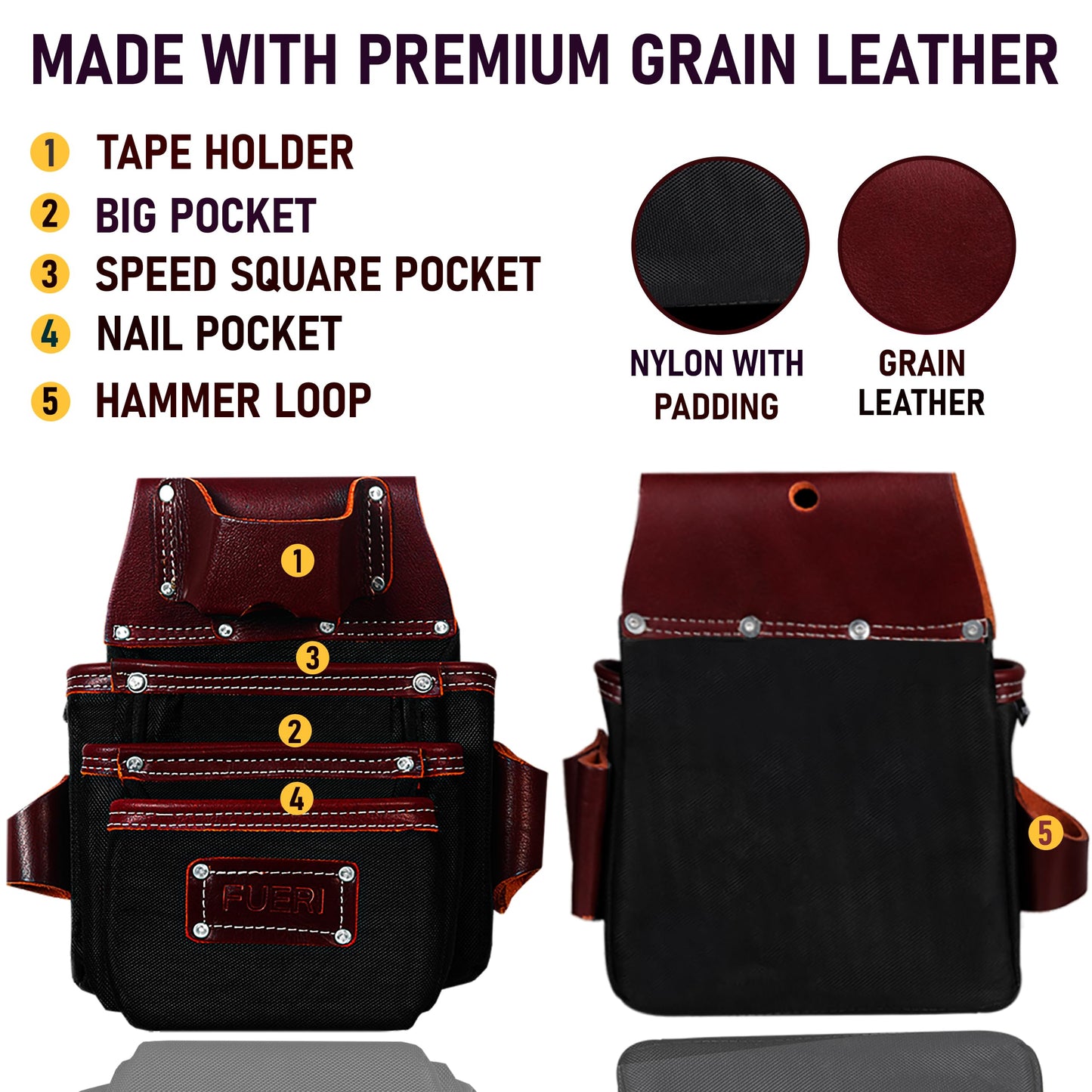 FUERI Tool Belt With Suspender Men Carpenter Pouches Construction Bags (Black and Maroon Tool Belt with Black Suspender, 2X-Large (48'' to 54''))