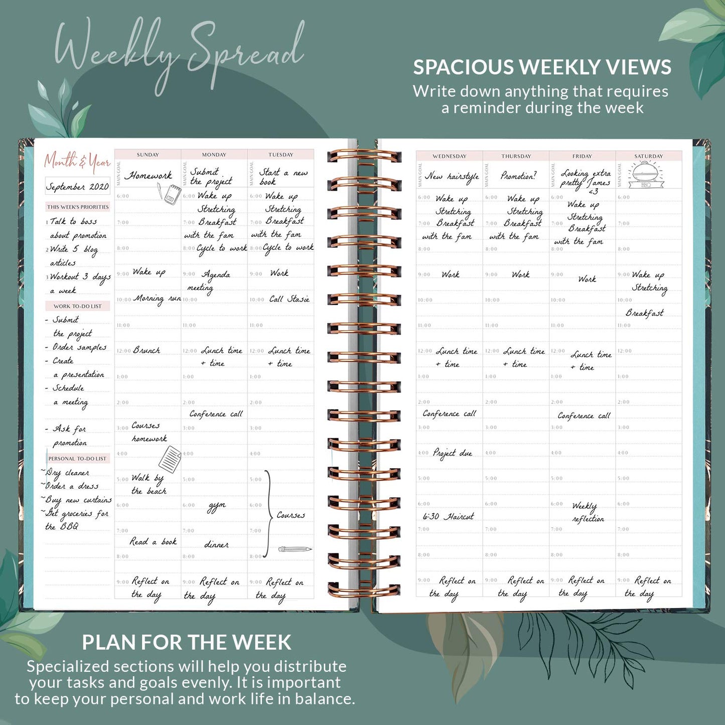 PLANBERRY Hourly Schedule Planner Premium – Undated Weekly Organizer with Time Slots & Monthly Budget – Time Management, Goal Setting, to-Do List & Habit Tracker –6.9″x8.5″(Green Pastures)
