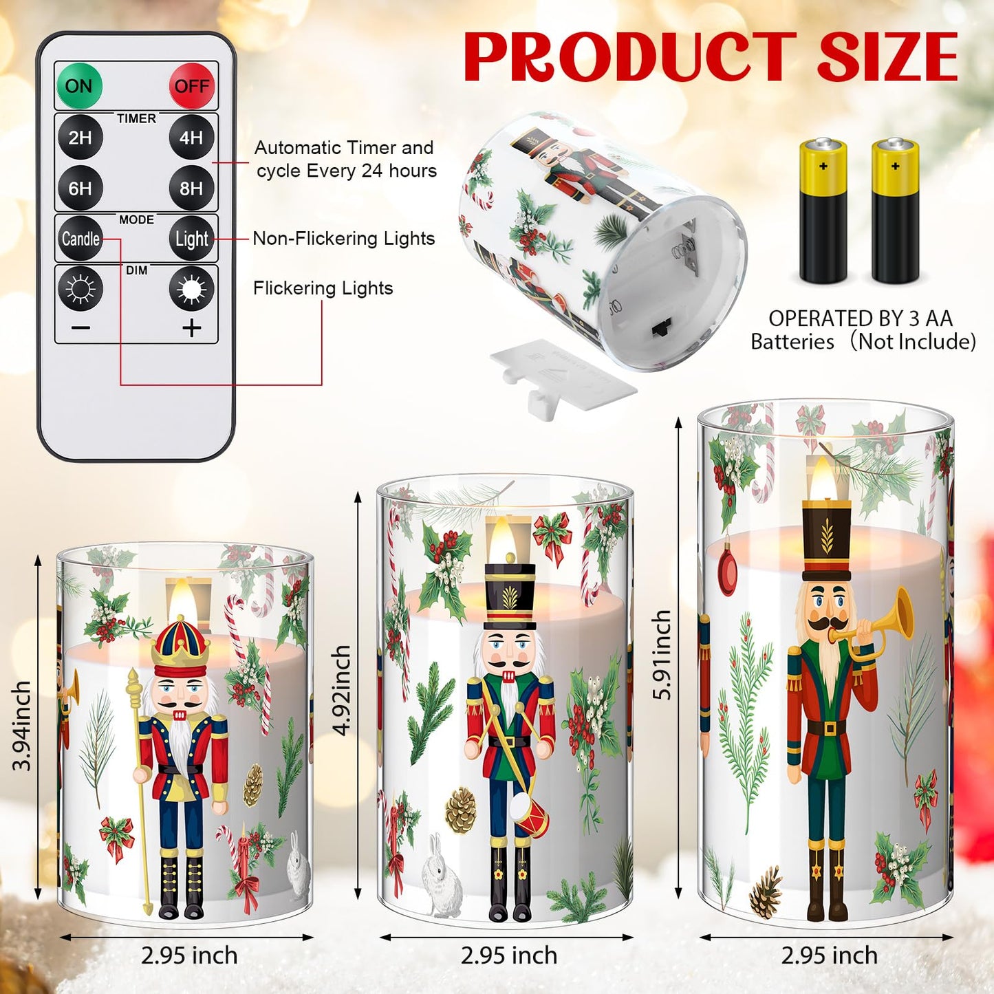 Glooglitter 3 Pcs Nutcracker Christmas Flameless Candle with Remote Timers Christmas Battery Operated Candles LED Flickering Candlestick for Xmas Party Home Decor