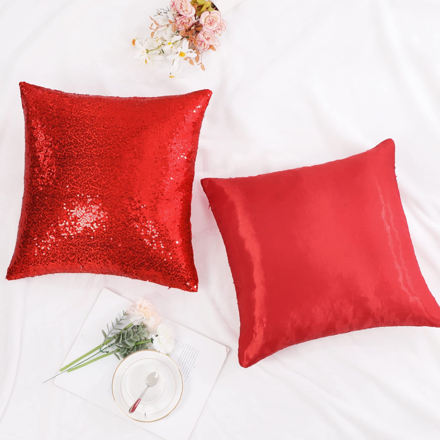 uxcell 2 Pcs Decorative Sequin Throw Pillow Cover, 16x16 Red