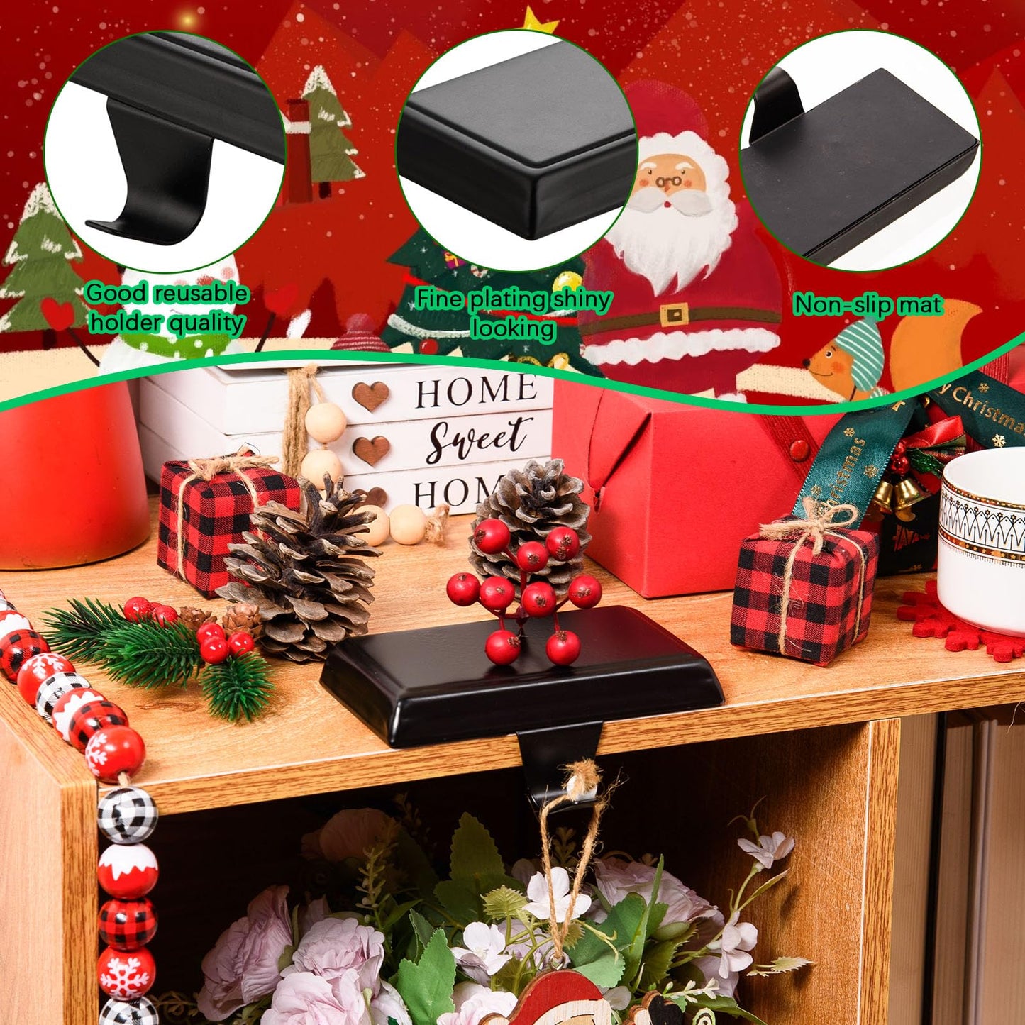 Festanlee 4 Pack Christmas Stocking Holders Ornament Hooks Mantel Weighted Stocking Hangers Metal Hanging Hooks Heavy Duty Stocking Holders Bases for Mantel Fireplace Party Decoration (Black, 4)