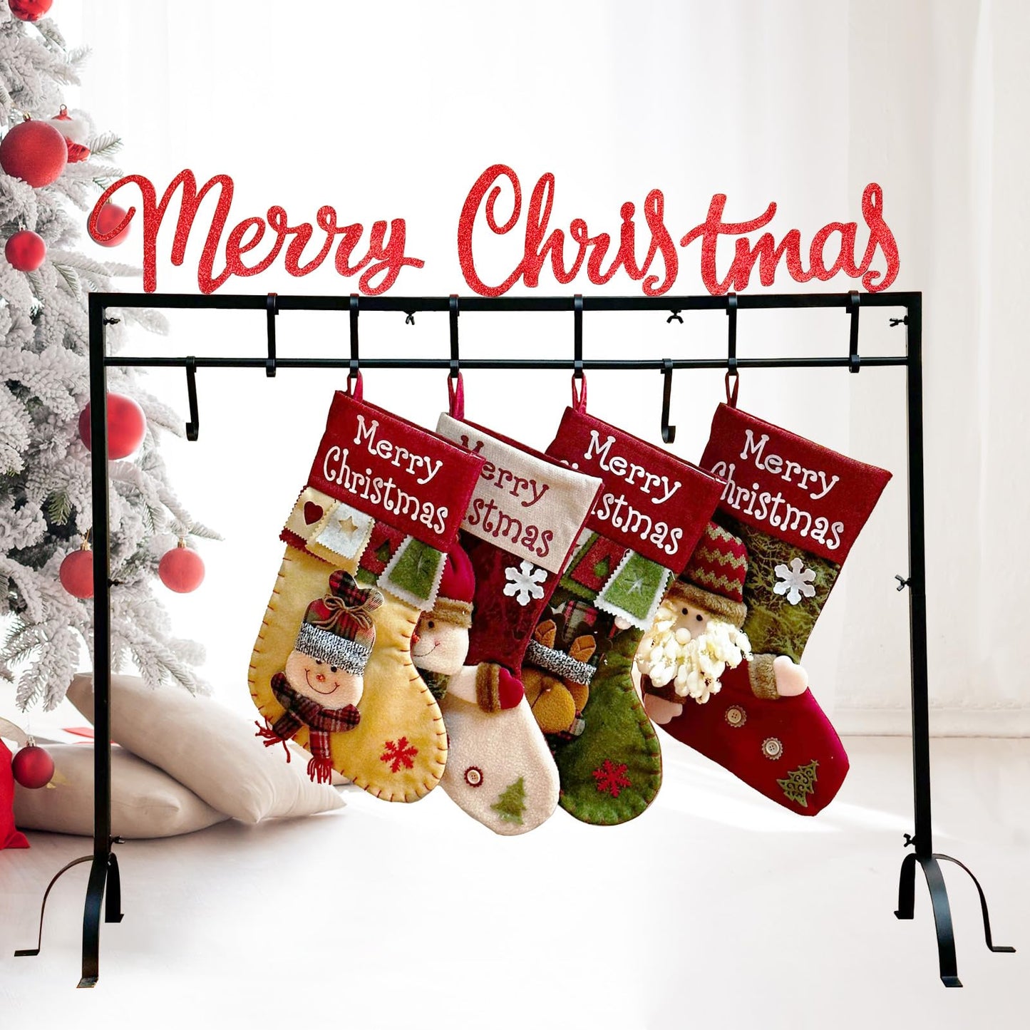 HUTHDAK Metal Merry Christmas Stocking Holder Stand with 8 Hooks,Heavy Duty Freestanding Christmas Stocking Holder Stand for Floor.Deluxe Christmas Stocking Stand-Easy Assembly and Stand for Home