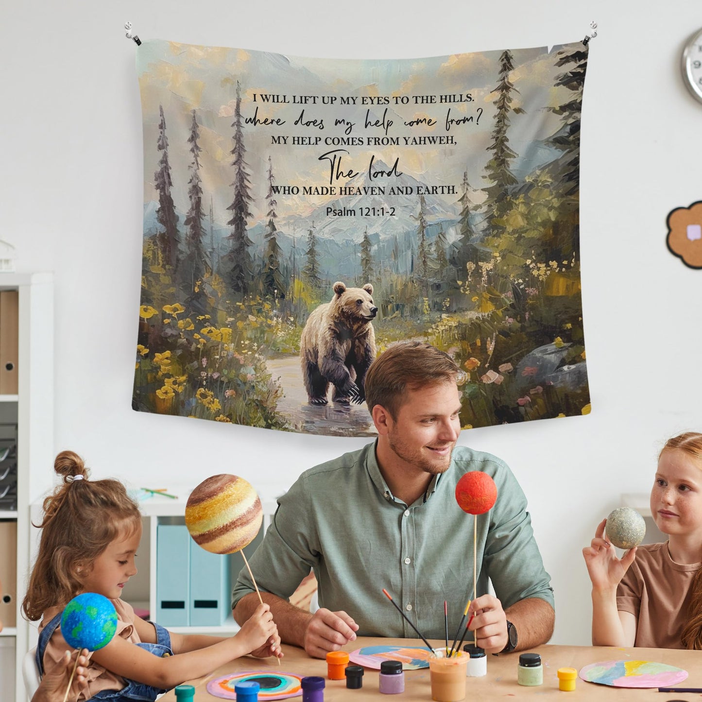 WAITPI Christian Woodland Mountain Hanging Wall Tapestry for Bedroom, Farmhouse Bear Forest Psalm 121:1-2 Bible Verse Scripture Wall Hanging Decor Tapestry for Home Living Room, 50x60in
