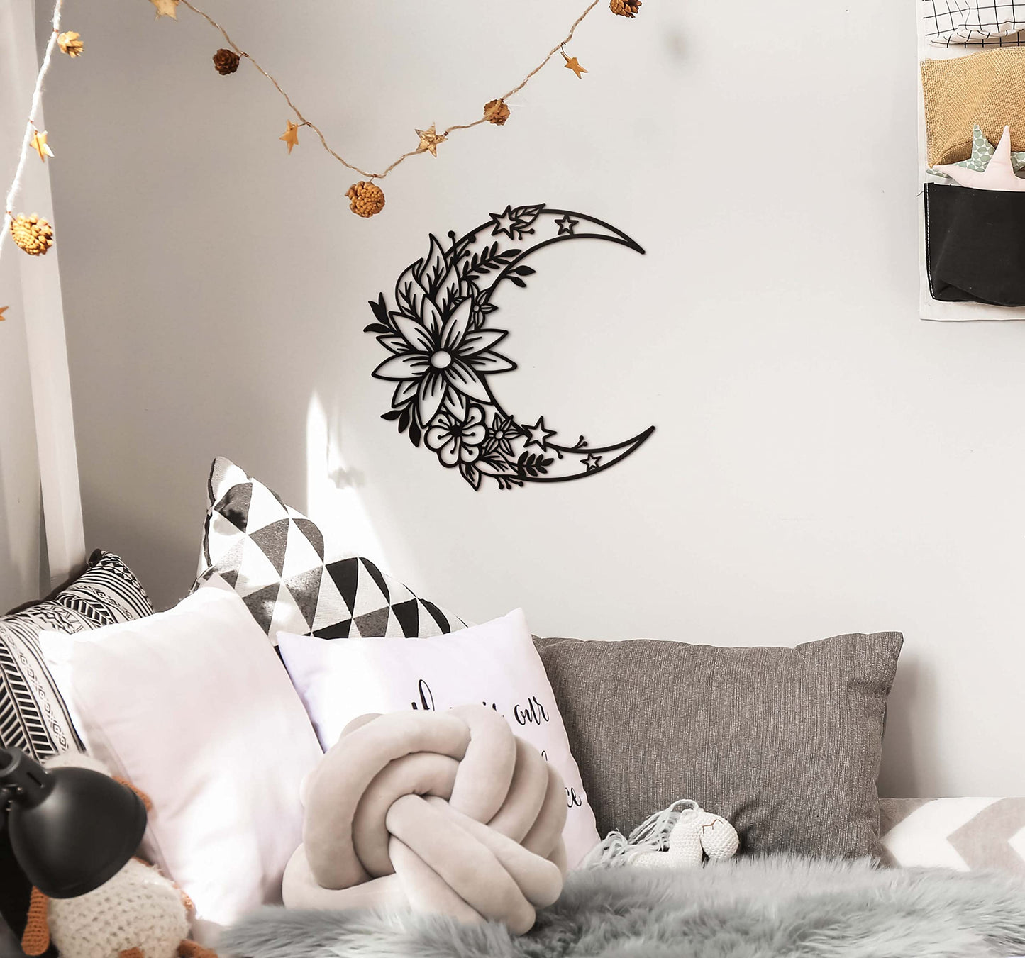 Vivegate Moon Metal Floral Art Decor - 14"X13.5" Black Boho Large Floral and Star Phase Wall Signs for Half Moon Flower Sculpture Hanging Wall Decor for Bedroom