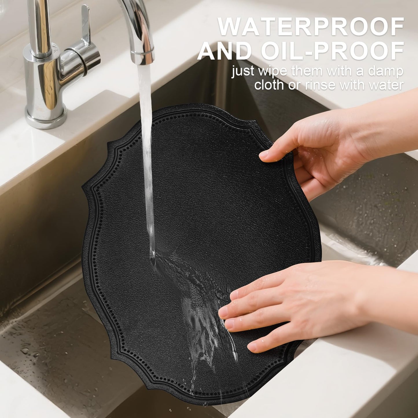 fanquare Faux Leather Placemats Set of 6,Oval Heat-Resistant Wipeable Surface Tablemats, Non-Slip Grip, Waterproof Table Décor for Dining, Black