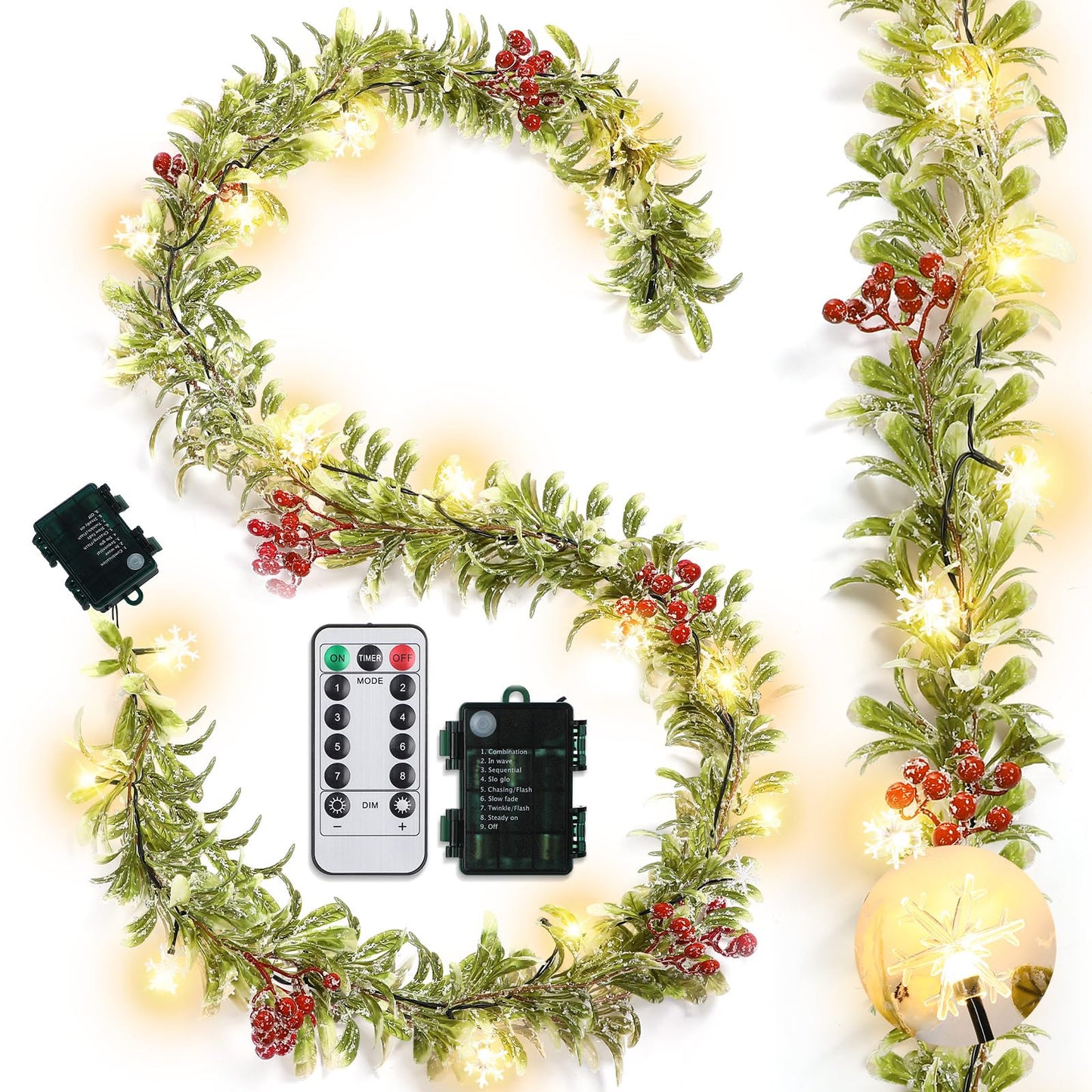 Ganeen 6 ft Christmas Light up Garland Prelit Snowy Olive Garland with 20 LED Battery Operated Lighted Olive Branch with Snowflake Berries Timer Remote for Xmas Winter Decor(Red Berries,Flocked)