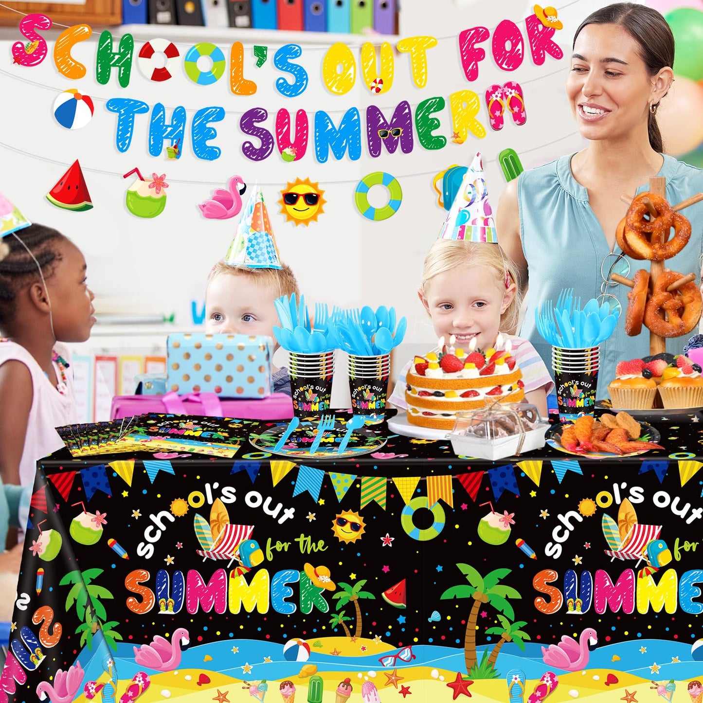 Yiyiring 173 Pcs School's Out for Summer Party Supplies End of School Year Party Decorations Serve 24 Guests Include Plate Cup Napkin Tablecloth Banner Cutlery for Last Day of School 2026 Grad