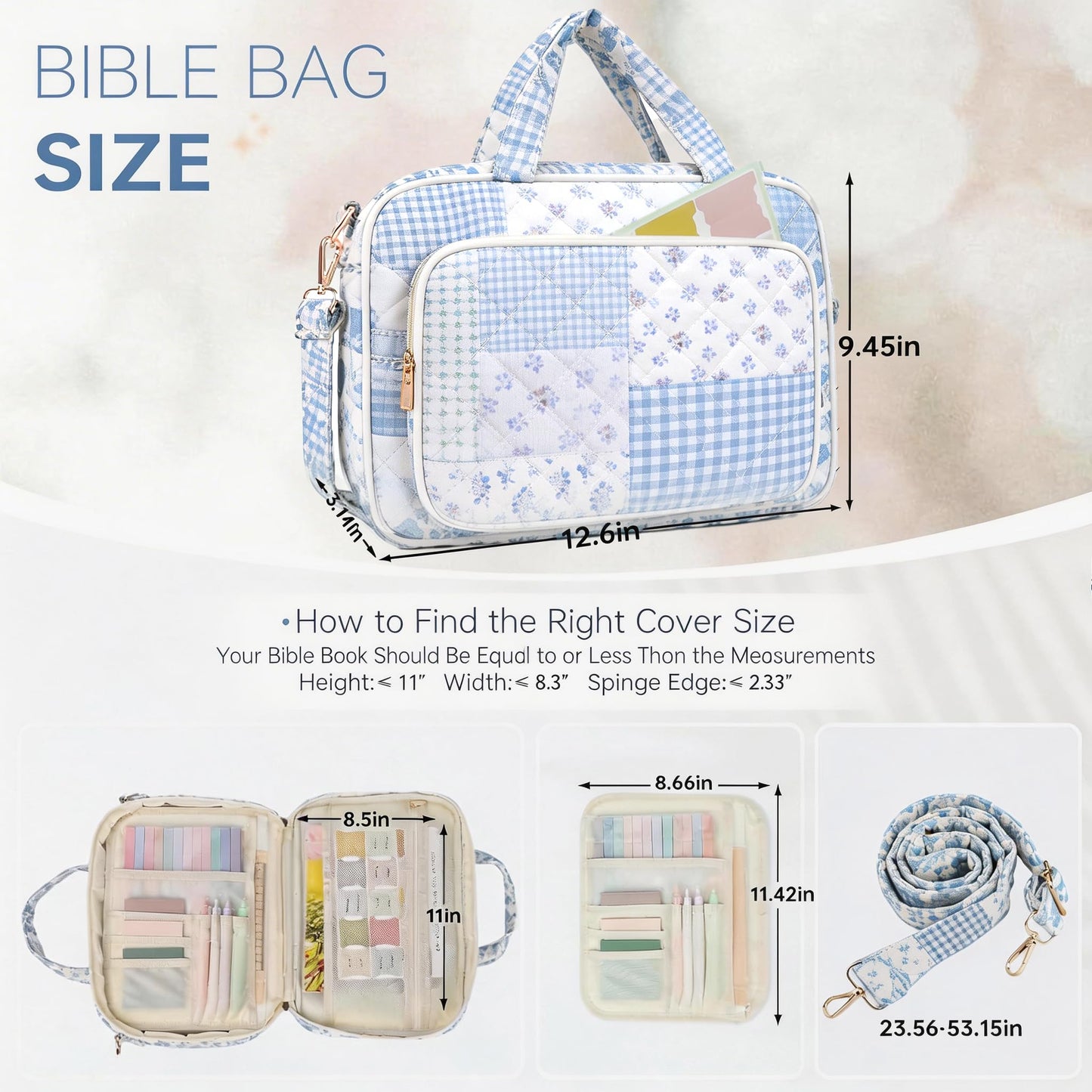 Bible Cover Case for Women Bible Study Supplies Christian Gifts for Women Church Camp Essentials Christian Bible Journaling Kit Quilted Large Bible Cover (Spliced Blue Flower, Large)