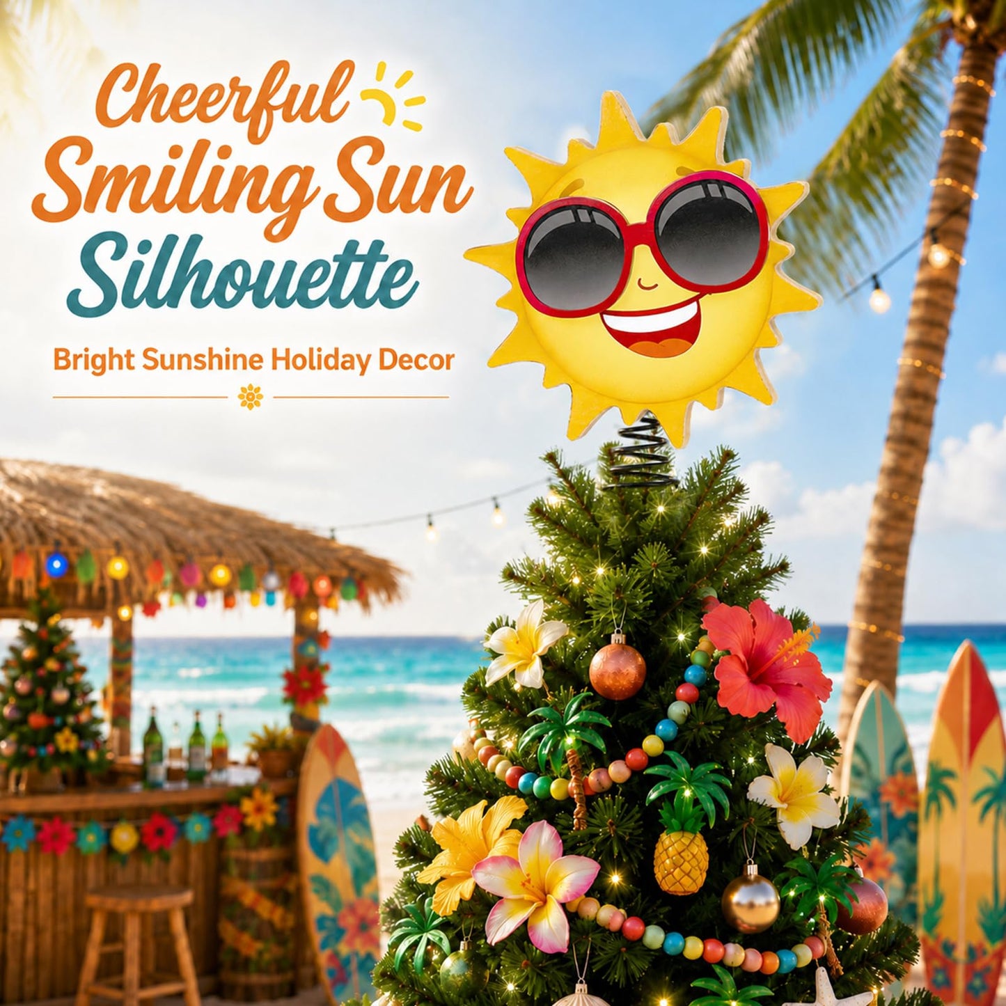 APUDWN 9.6 x 6.5 Inch Wood Sun Tree Topper with LED Lights, Summer Tree Decorations for Tropical Beach Luau Party Tabletop Battery Powered 3D Sunglasses Smiling Face Holiday Decor