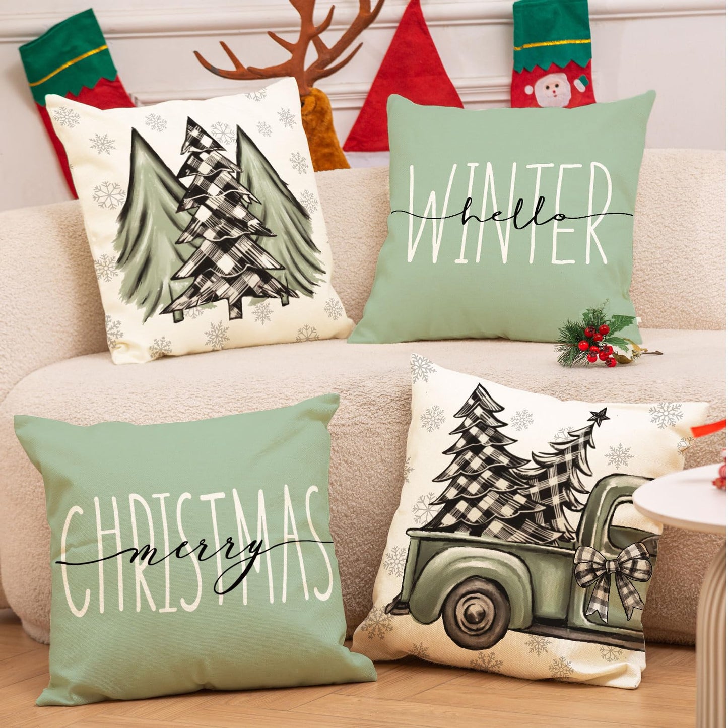 Christmas Throw Pillow Covers Sage Green Christmas Tree Truck Pillow Case Xmas Winter Farmhouse Decorative Cushion Case for Home Office Room Couch Sofa, 18 x 18 Inch, 4 Packs