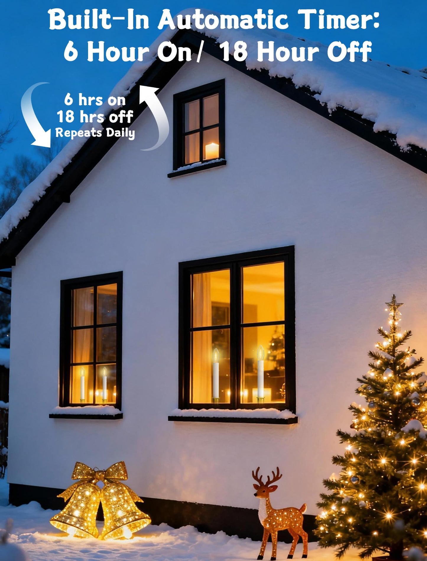 Romasaty 4 Pack Christmas Window Candle Lamps, Battery Operated Window Candle Lights with Automatic Timer and C26 3V LED Bulbs Candlestick for Indoor Windows Table Decor, 4 Suction Cups