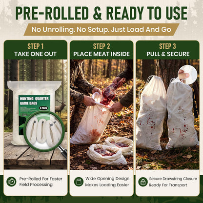 Gociean Game Bags Elk Hunting Meat Bags, 48inch 5-Pack Rolled Heavy Duty Quarter Bag, Reusable & Breathable Meat Game Bag with Reflective Strip for Elk, Caribou, Deer, Moose, Antelope, Duck