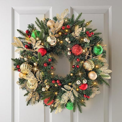 Christmas Lighted Wreath for Front Door, 28 Inches Pre-Lit 35 LED Lights, Red and Green Classic Artificial Holiday Wreath for Indoor Outdoor Home Decorations