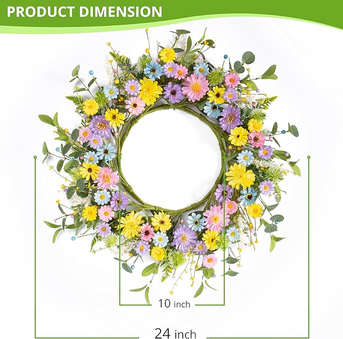 24" Front Door Wreath for Spring Summer Floral Seasonal Wreath with Colorful Flower Vibrant Artificial Daisy &Eucalyptus with Berries for Indoor & Outdoor Wall Home Decor