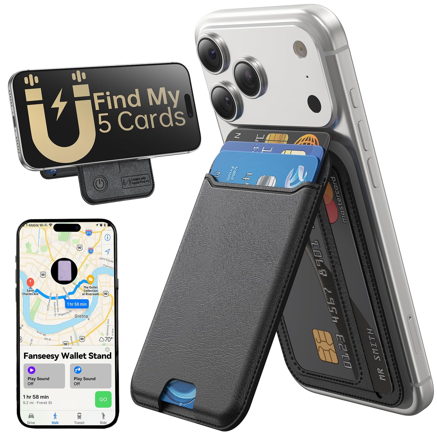 Fanseesy for MagSafe Wallet, Works with Apple Find My,5 Card Holder with Stand, Magnetic Phone Wallet Stand for iPhone 17/16/15/14/13/12 Pro Max Air Plus, RFID Blocking Vegan Leather,Black