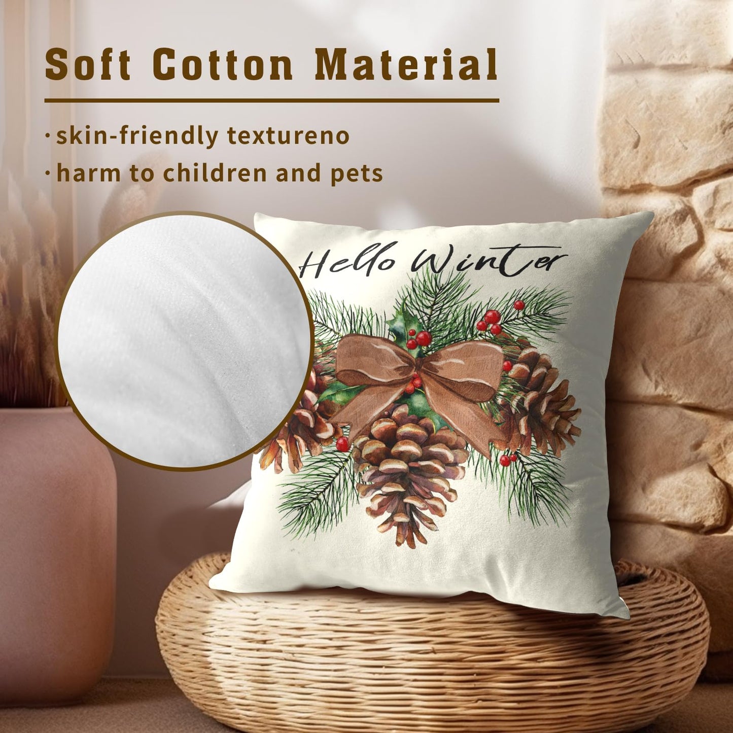 Winter Pinecone Pillowcase Set of 2 Pine Cone and Leaf Decor Throw Pillows Square 18x18 Inch Xmas Merry Christmas Holiday Winter Pillow Cushion Covers for Home Living Room Bed Sofa Outdoor Couch