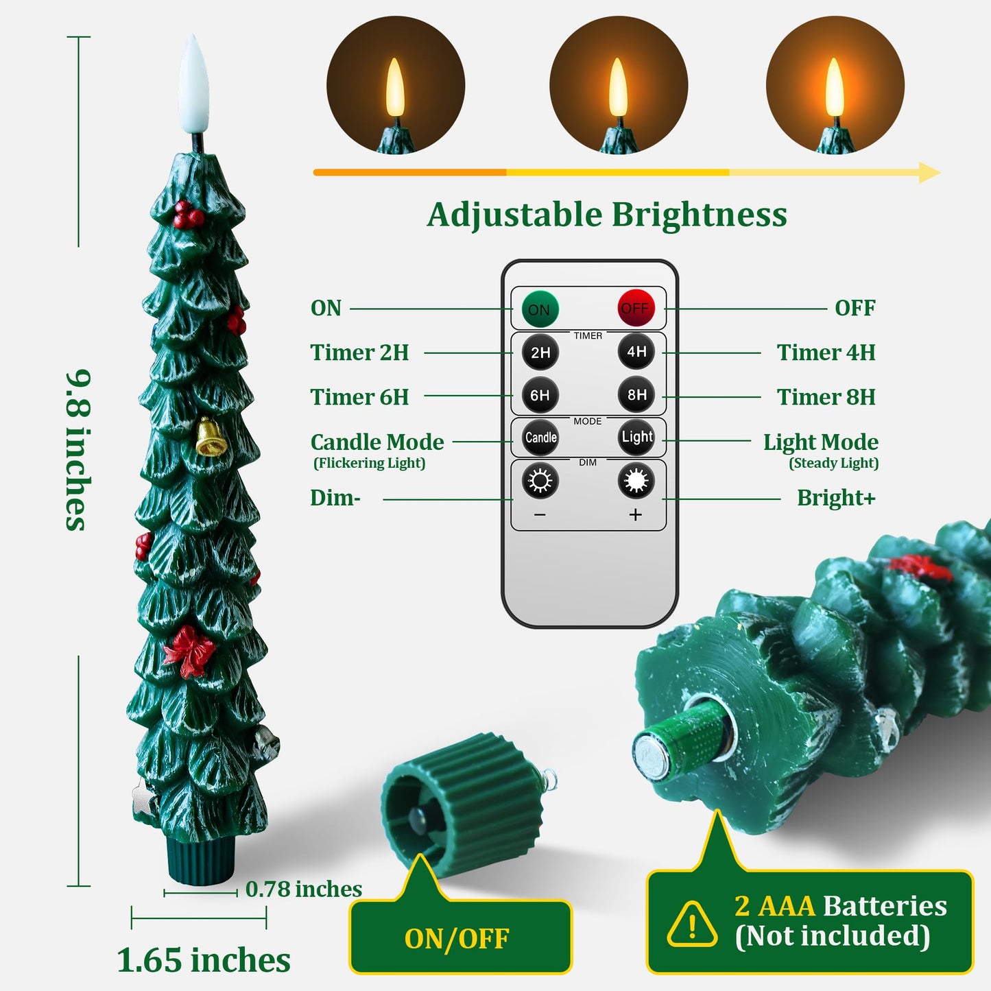 ZIVASA 3 Pack Flameless Christmas Tree Candles, 9.8 Inchs Christmas Taper Candles with Remote and 24H Cycle Timer, Real Wax Christmas Tree LED Candle 3D Flame for Tabletop, Windows, Fireplace Decor