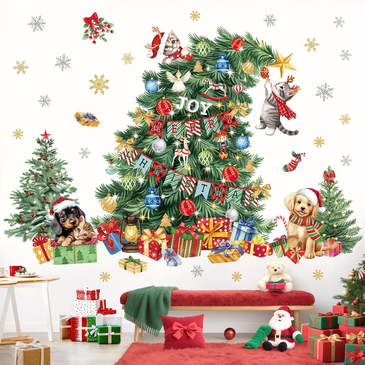wondever Large Christmas Tree Wall Stickers Evergreen Tree Christmas Dogs Cats Peel and Stick Wall Art Decals for Window Xmas Home Party