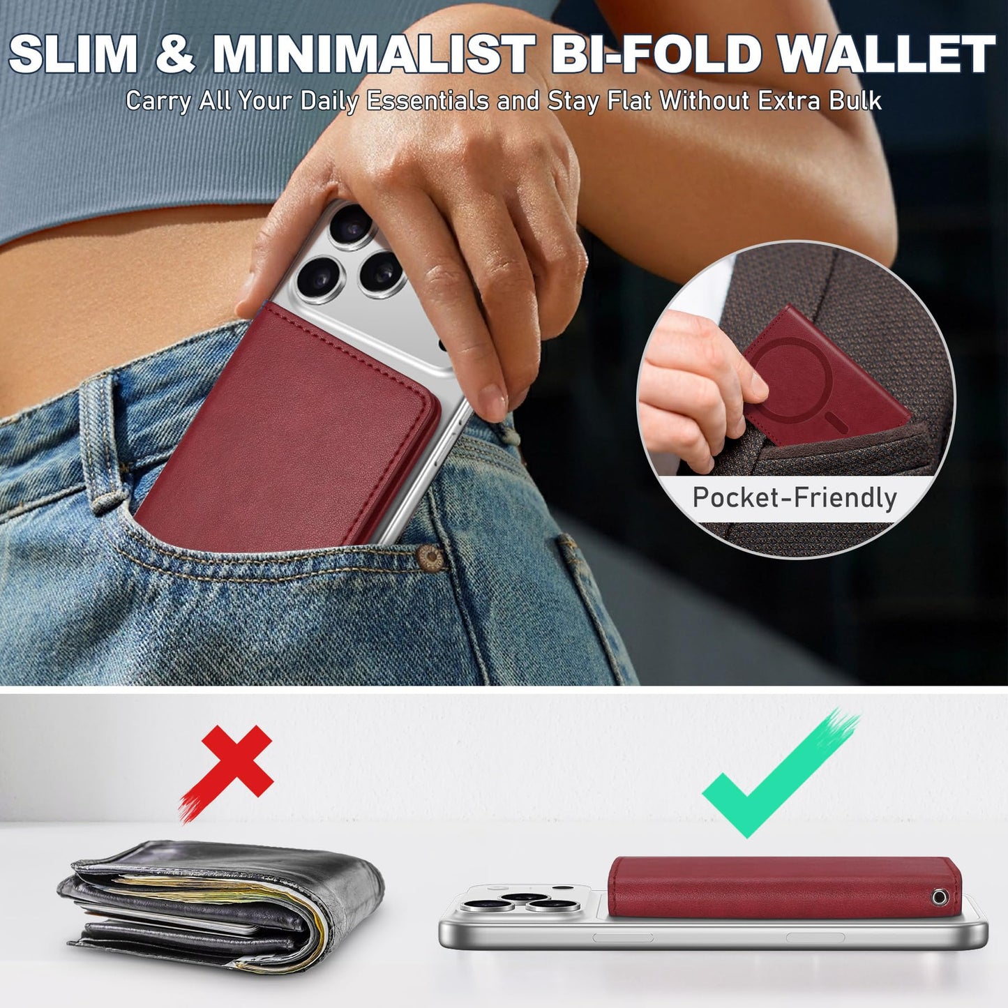 TUCCH for Magsafe Card Holder with Clear ID Window, Fit 6 Cards, RFID Blocking PU Leather Men Women Magnetic Phone Wallet for iPhone 17/16/15/14/13/12/Plus/Air/Pro/Pro Max Series, Dark Red