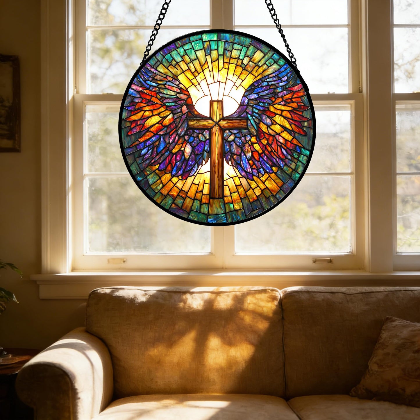 DASTOLL Stained Glass Window Hanging - Jesus Cross Wings Suncatcher Ready to Hang Window Doors Home Decoration and Christmas, Mother's Day Birthday Gifts for Women, Men, and Mom 7.8x7.8 in