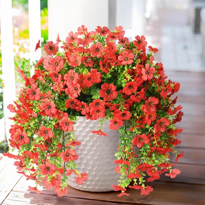 Artificial Fake Hanging Flowers Plants for Outdoor Spring Decorations, 2PCS Faux Daisy Silk Flower Outside No Fade UV Resistant Realistic Home Decor for Porch Patio Window Box (ChujuDH-Red