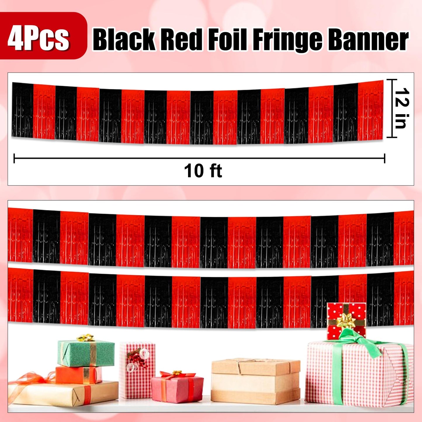 4 Pack 10 Ft Black Red Foil Fringe Garland Metallic Tinsel Streamers Banner Wall Hanging Curtain Backdrop for Parade Floats, Christmas Day, Thanksgiving Day, Halloween, New Year Party Decoration