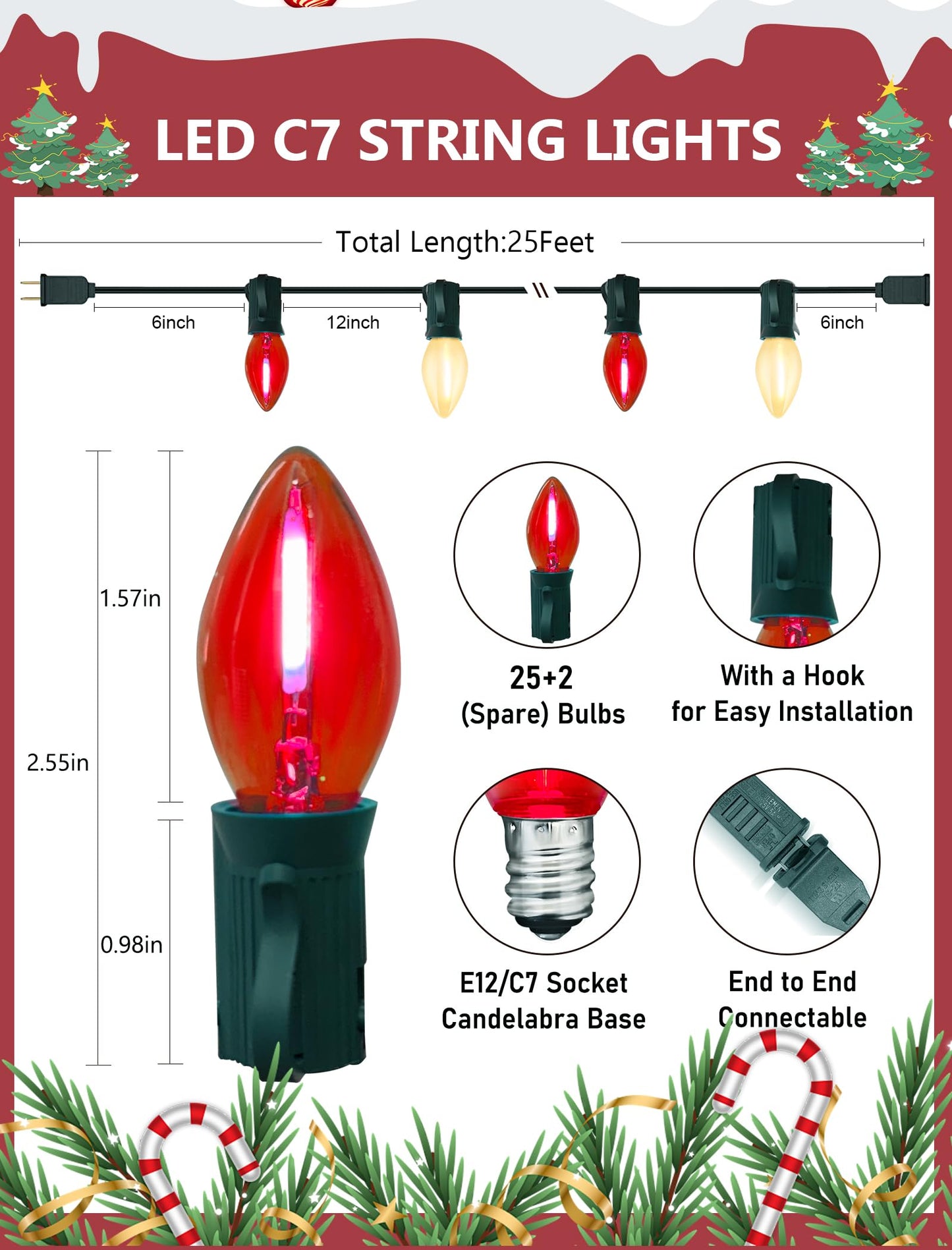C7 Red and Frosted White Christmas Lights Outdoor, 26Ft Christmas Decorations String Lights with 27 LED Bulbs, Hanging Patio Lights Waterproof for Roofline House Garden Party Xmas Decor, Green Wire
