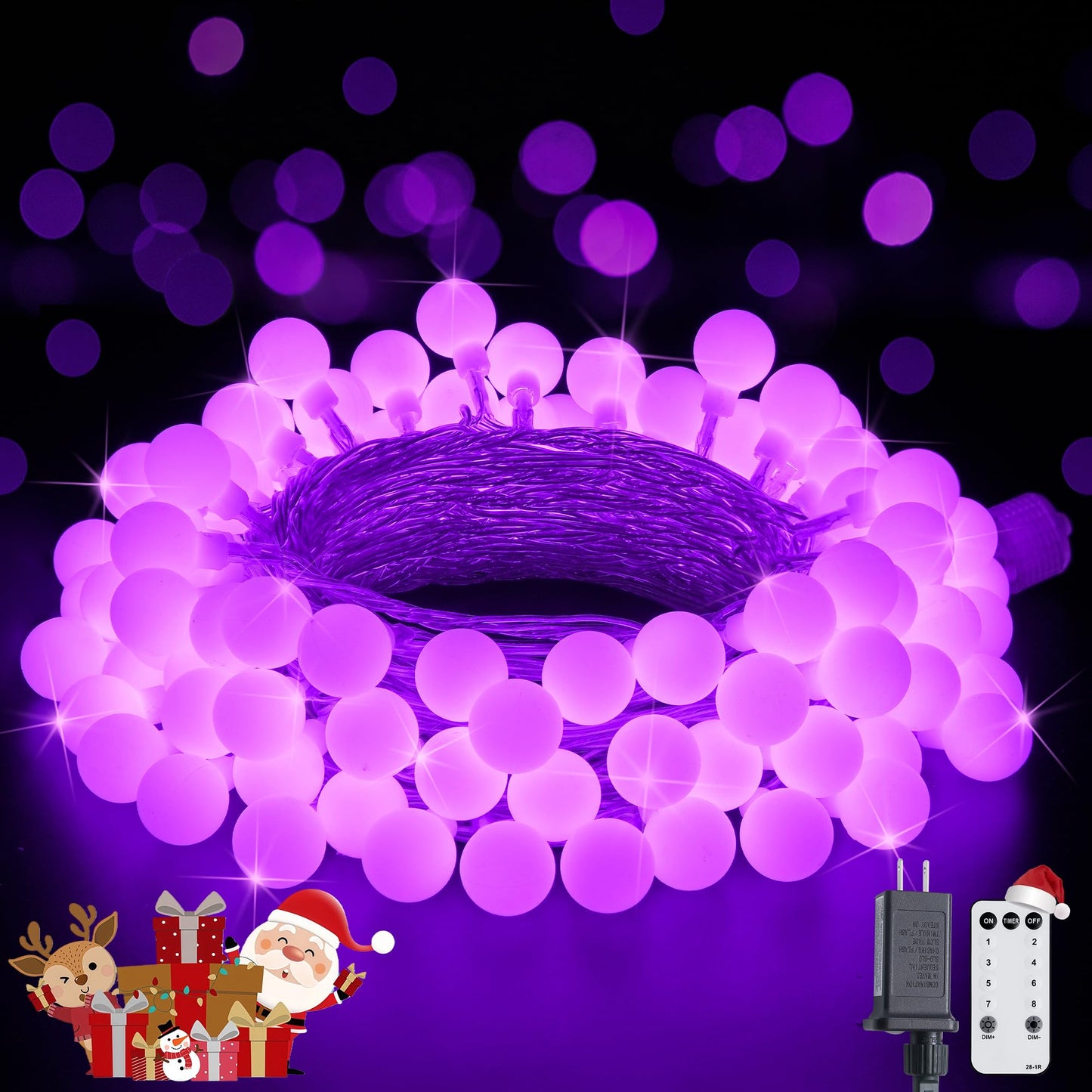 JMEXSUSS Purple Christmas Lights Indoor, Connectable 100 LED Globe String Lights Plug in with Remote, 33 ft 8 Modes Purple String Lights Outdoor for Bedroom Room Party Christmas Decor